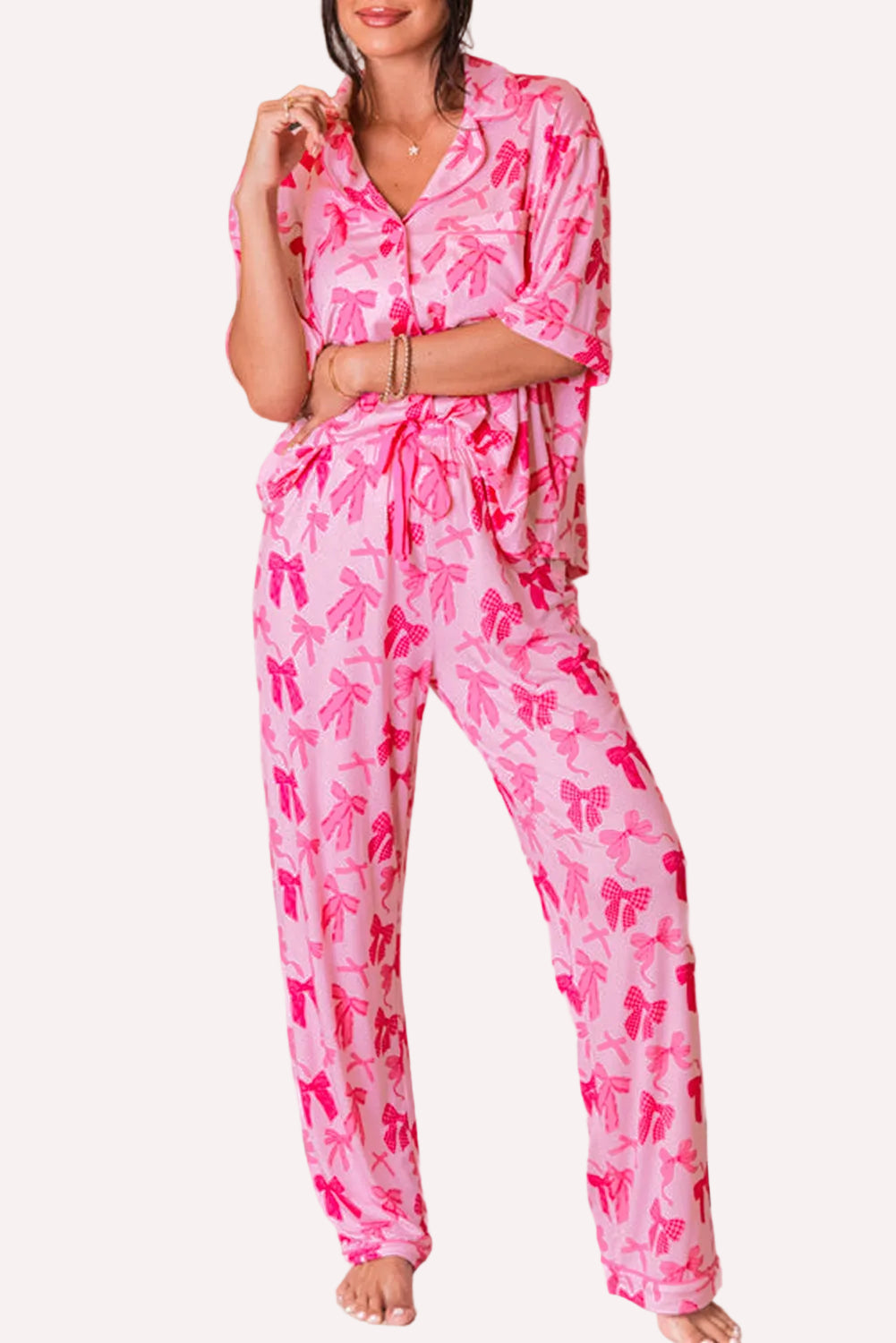 Pink Bow Knot Print Lapel Collar Short Sleeve and Pants Pajamas Set