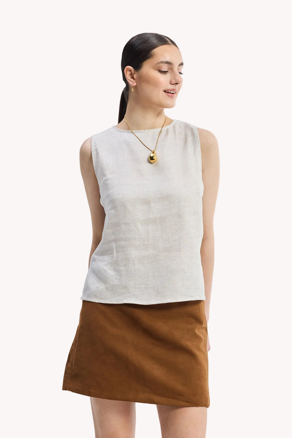 Boat Neck Top in Checkered Linen