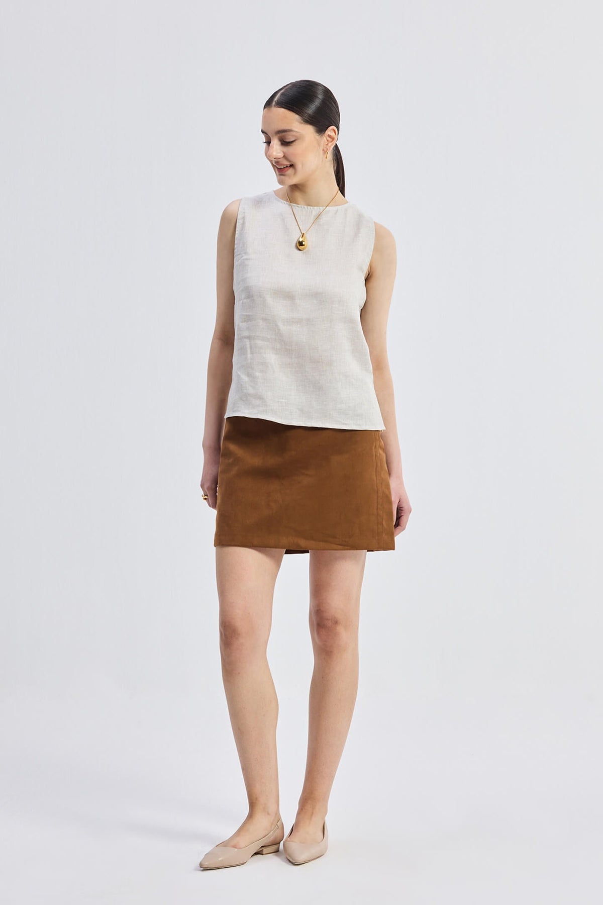 Boat Neck Top in Checkered Linen