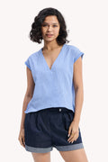 Boxy V-neck Top with Fray Detail