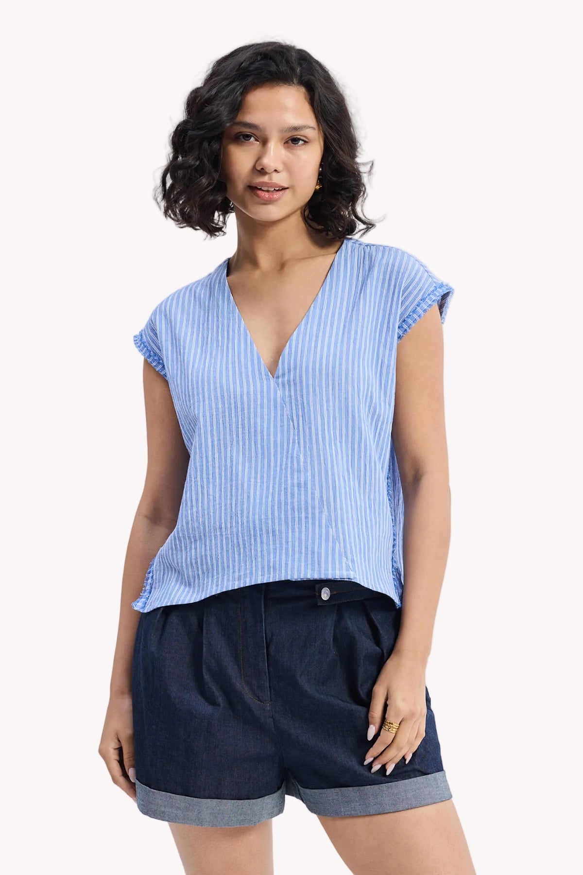 Boxy V-neck Top with Fray Detail