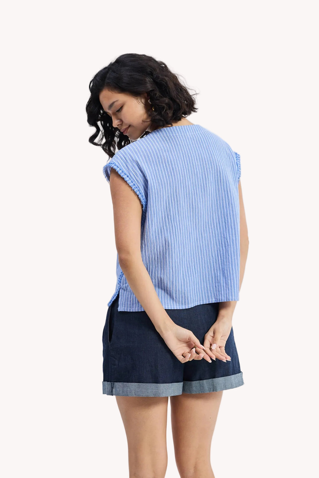 Boxy V-neck Top with Fray Detail
