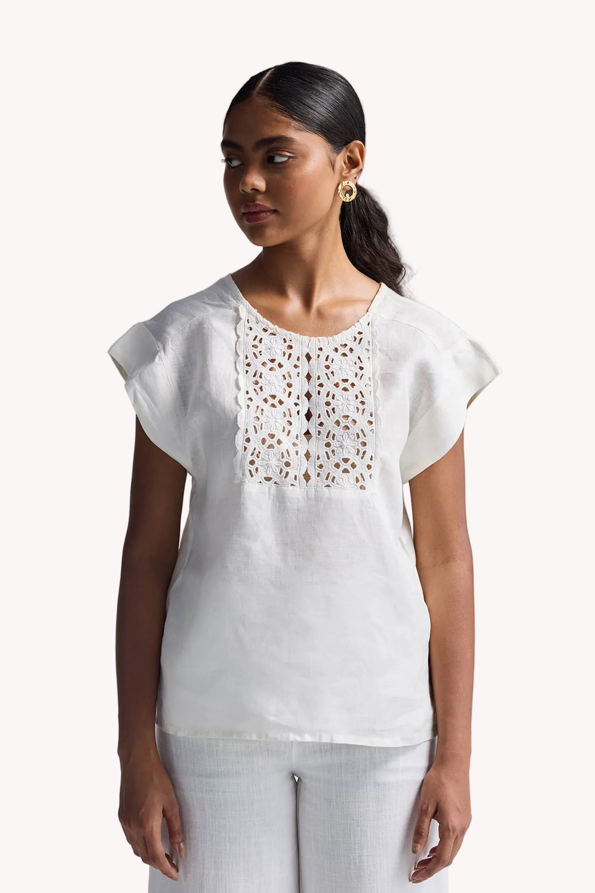 Boxy Top with Embroidered Lace Detail