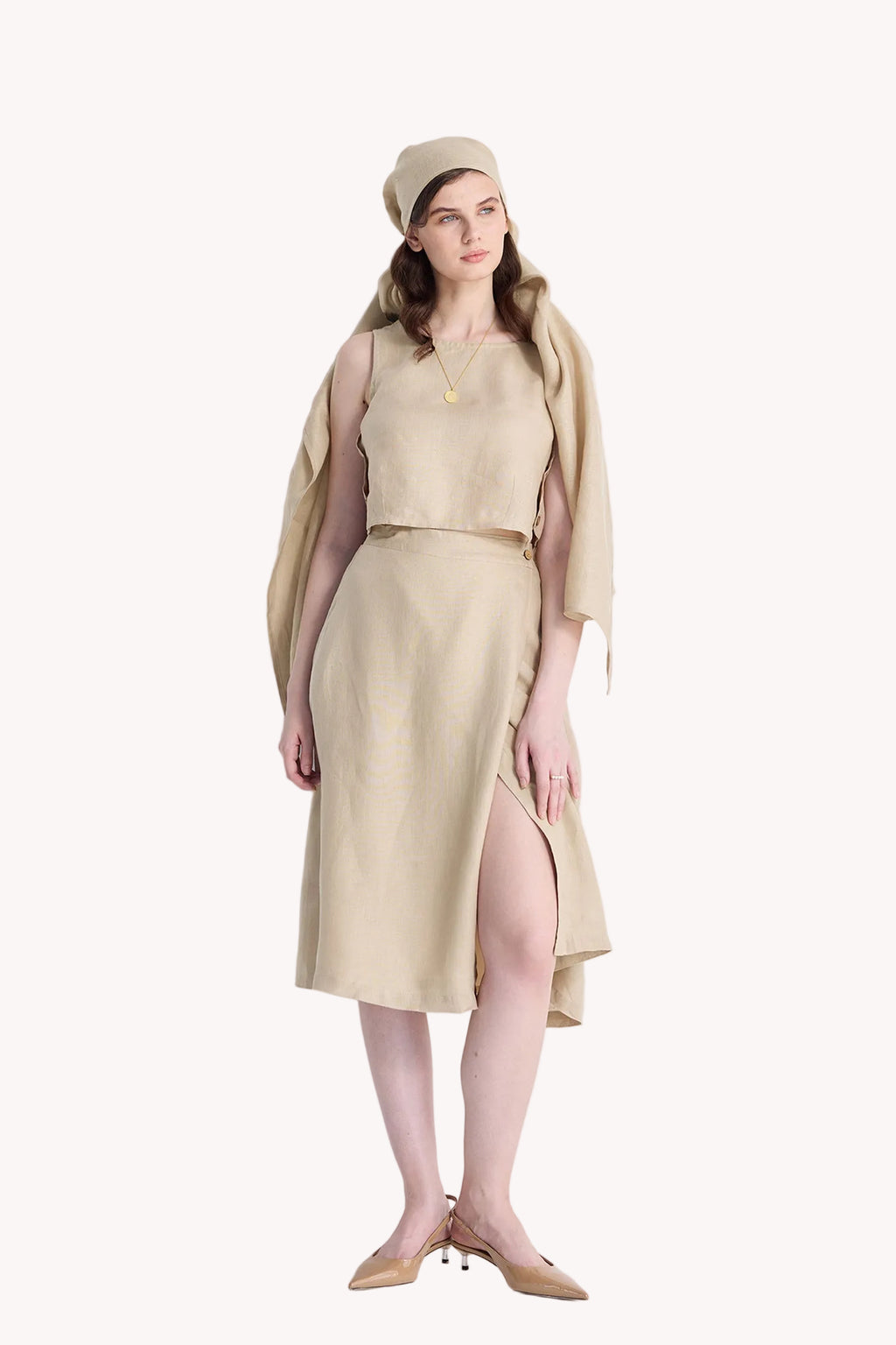 Overlap Midi Skirt in Neutral Beige
