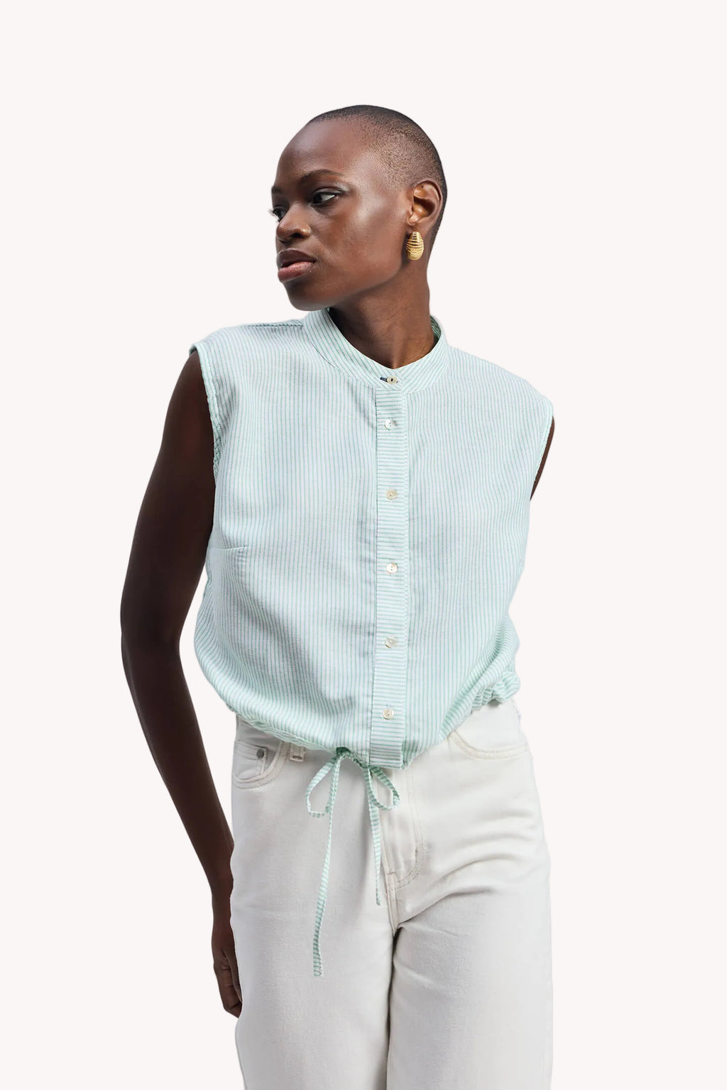 Button-down Shirt with Waist Drawstring in Stripes