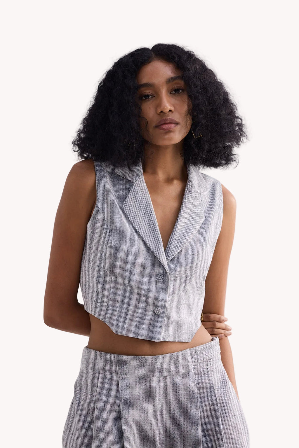 Cropped Cotton Tweed Vest in Grey