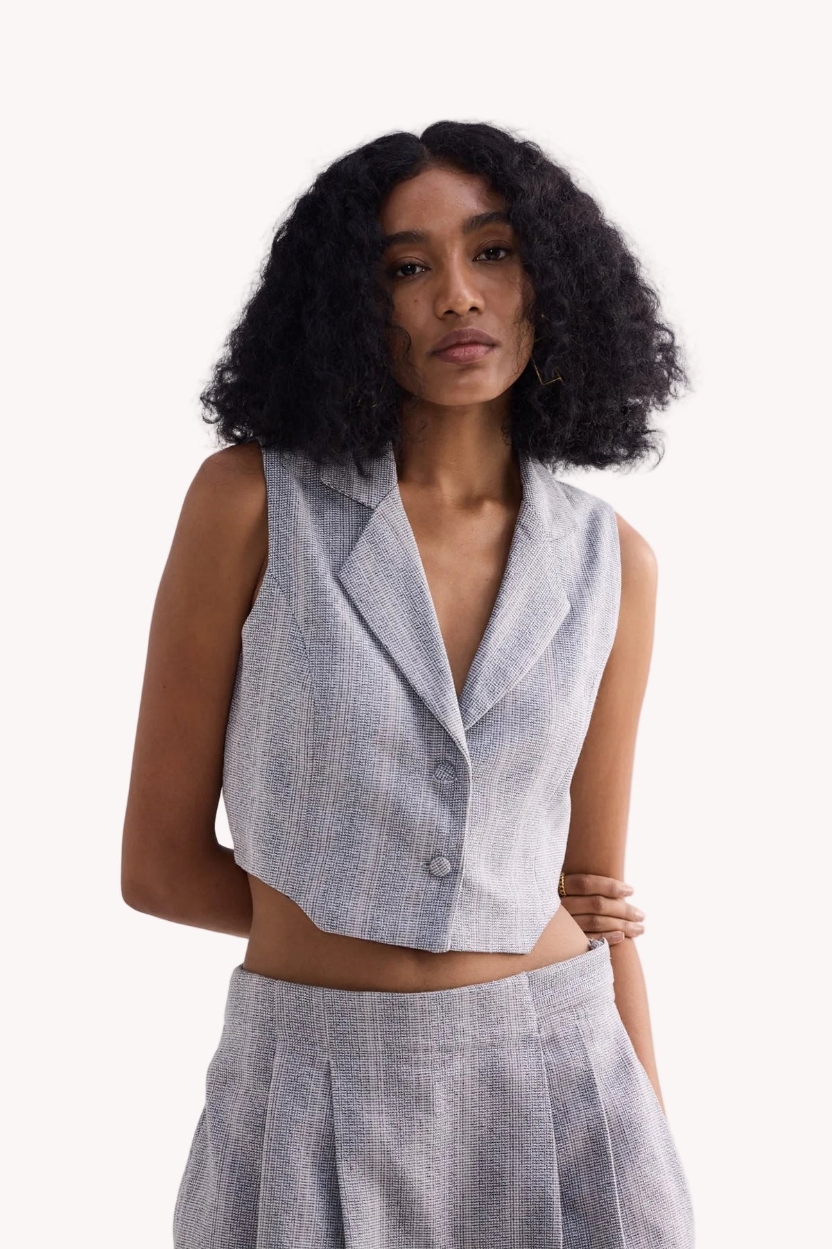 Cropped Cotton Tweed Vest in Grey