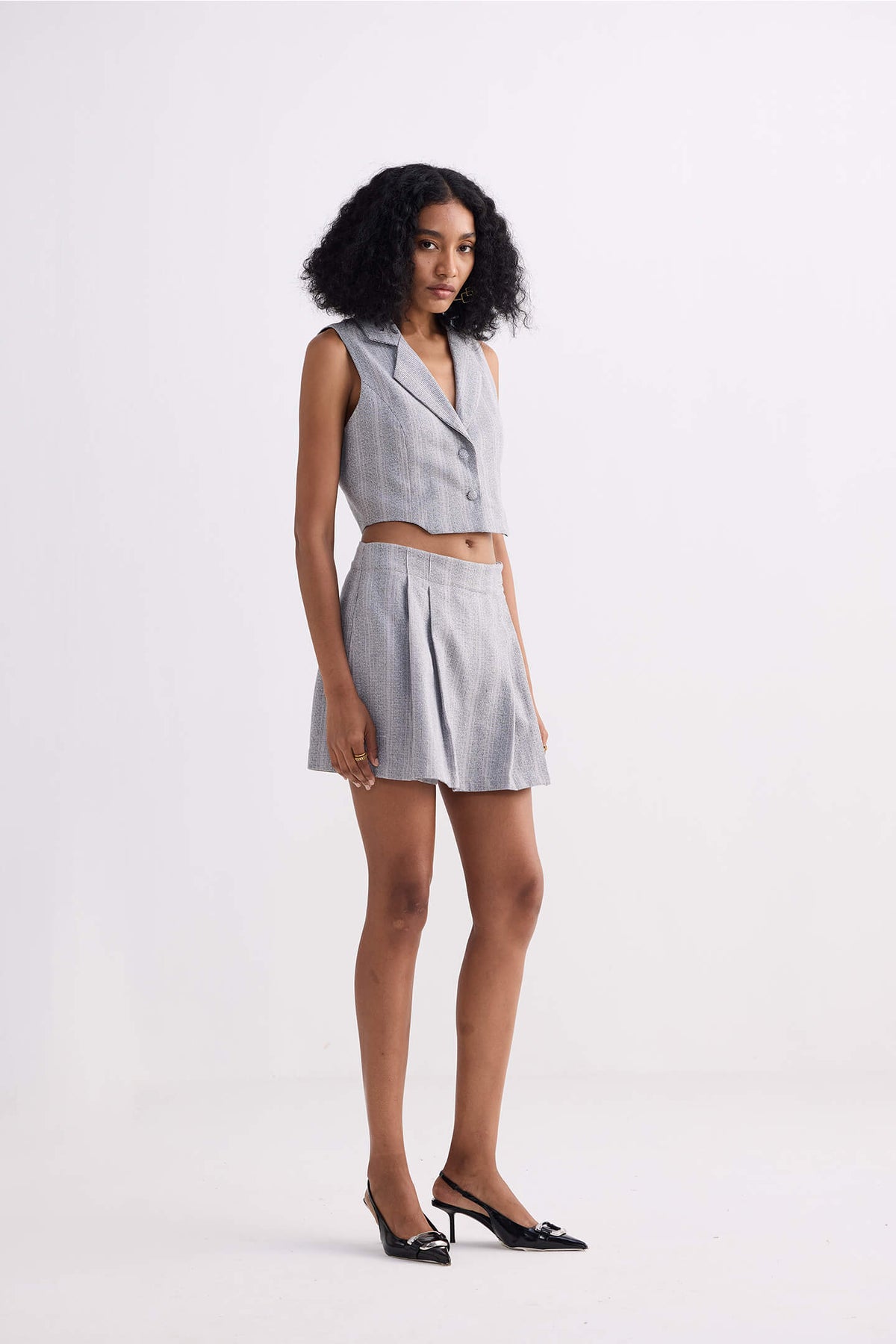 Cropped Cotton Tweed Vest in Grey