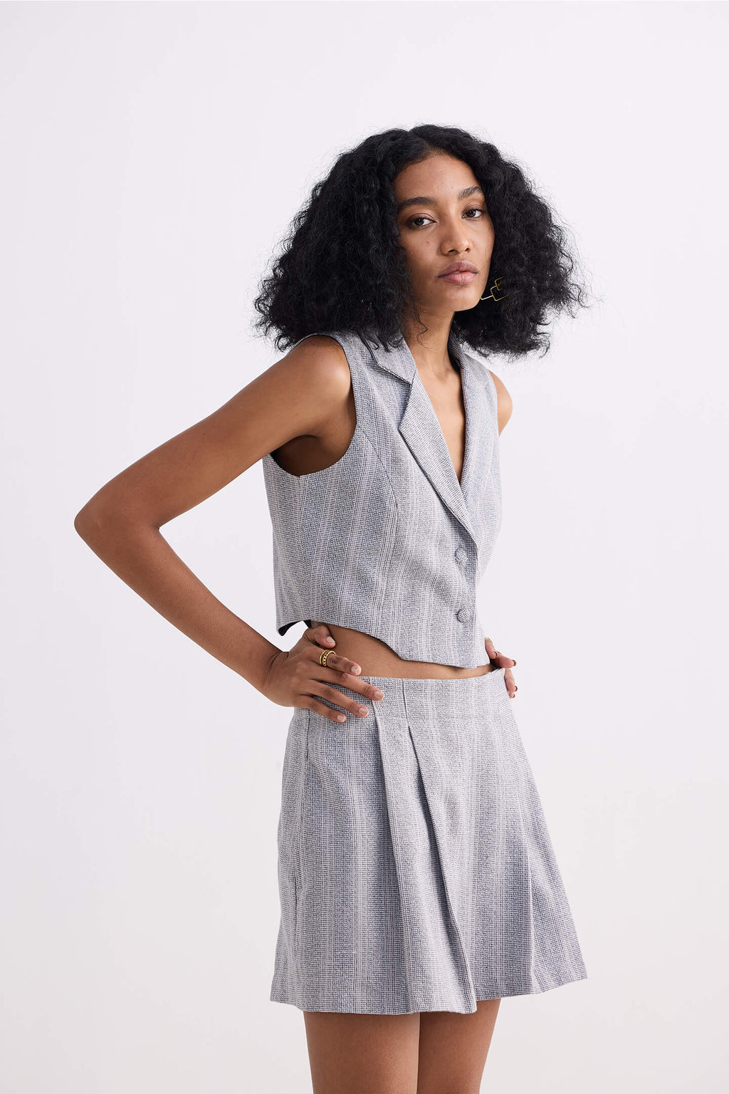 Cropped Cotton Tweed Vest in Grey