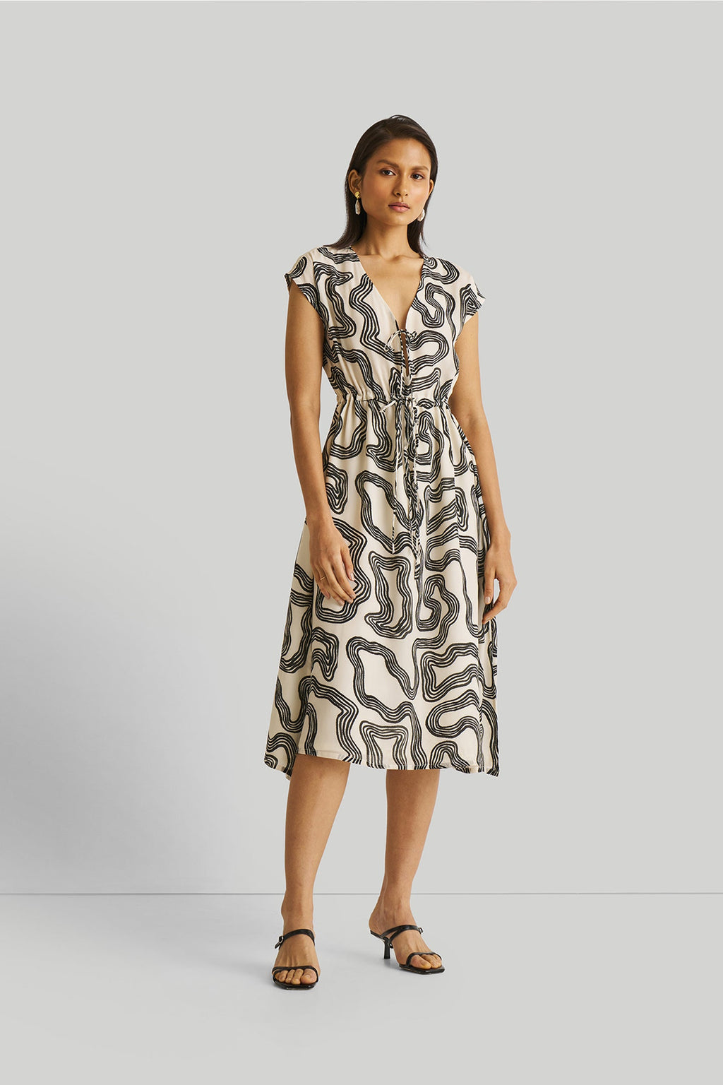 Deep V-neck Gathered Dress in Black Stripes