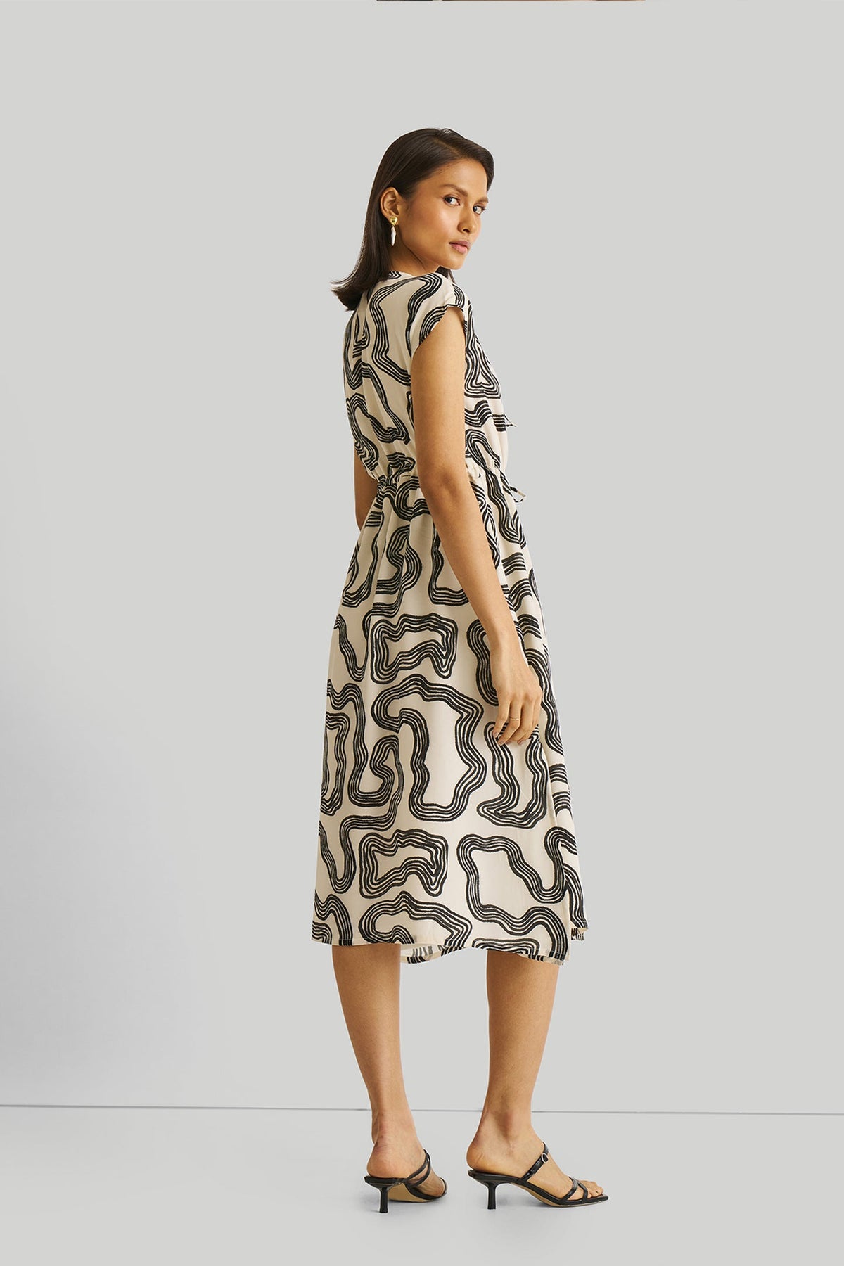 Deep V-neck Gathered Dress in Black Stripes