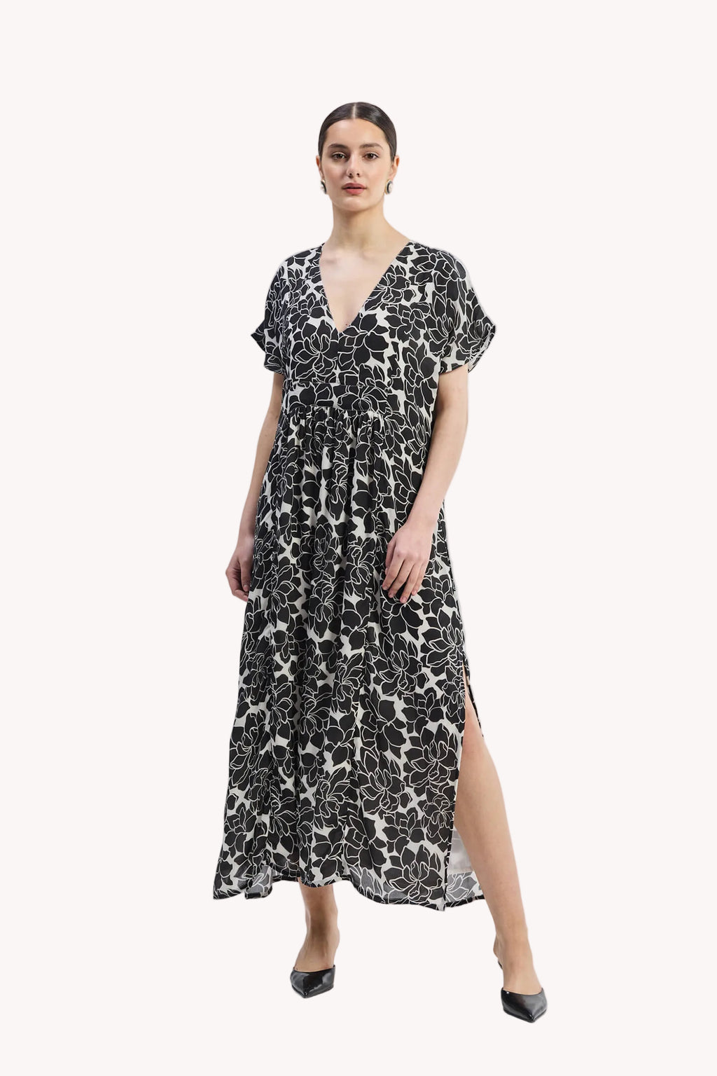 Deep V-neck Maxi Dress with Front Gathers in Black Florals