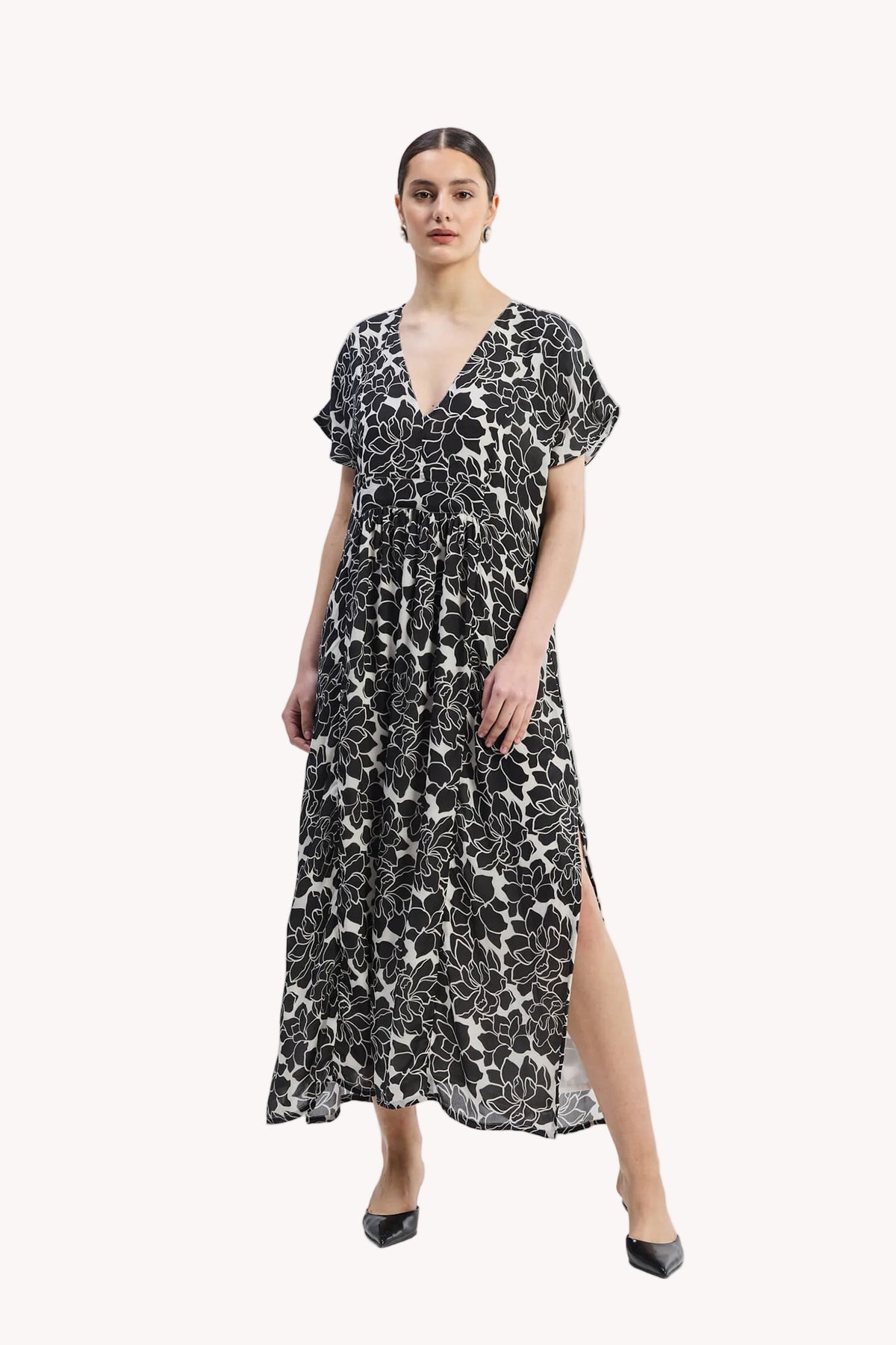 Deep V-neck Maxi Dress with Front Gathers in Black Florals