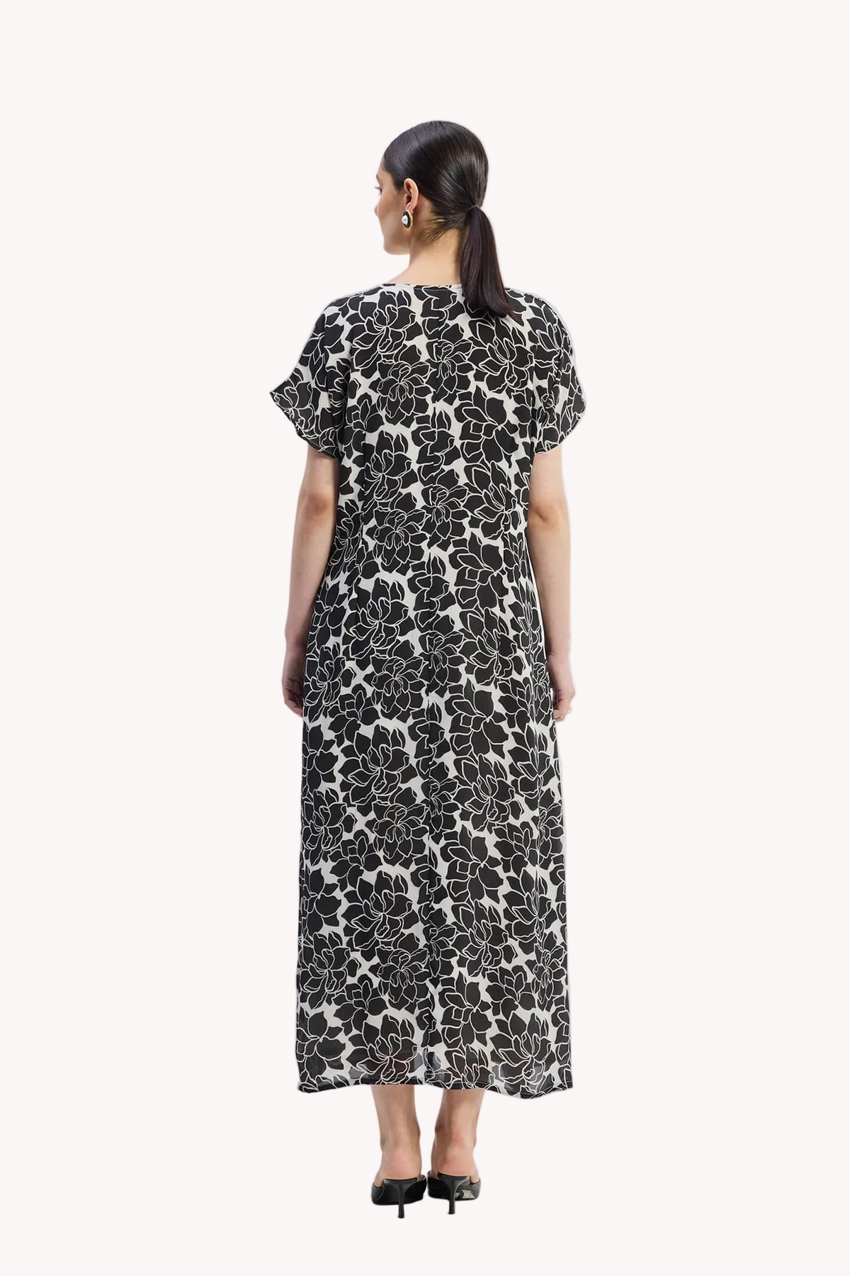 Deep V-neck Maxi Dress with Front Gathers in Black Florals