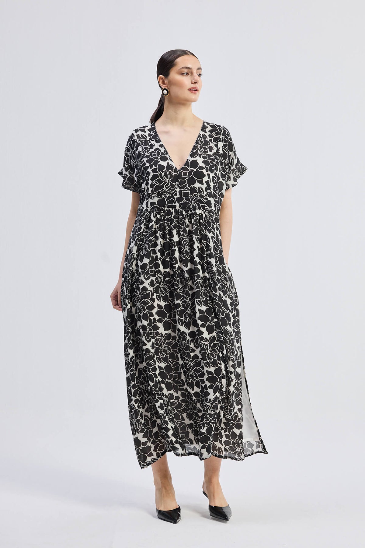 Deep V-neck Maxi Dress with Front Gathers in Black Florals