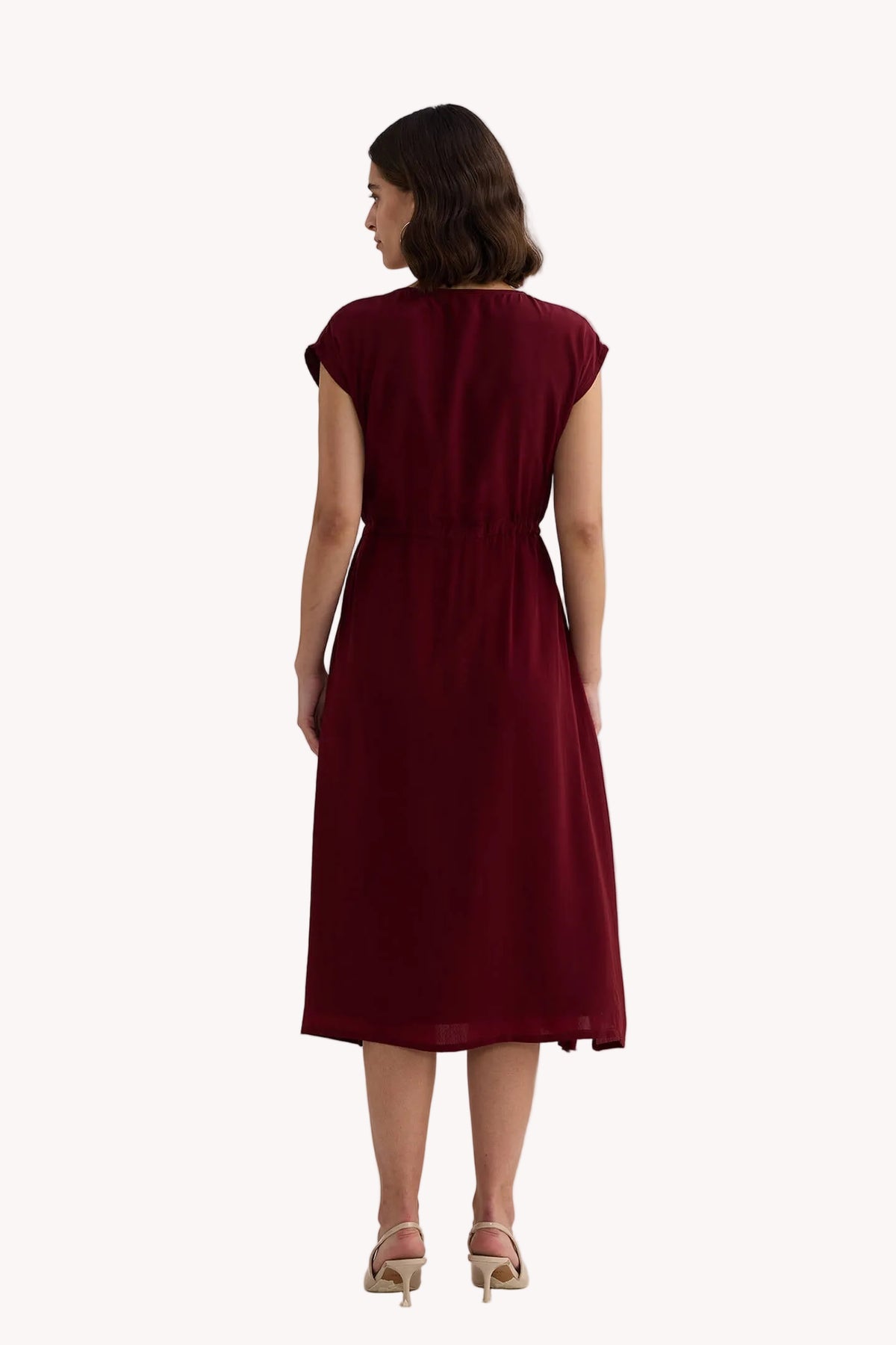 Deep V-neck Gathered Dress in Burgundy