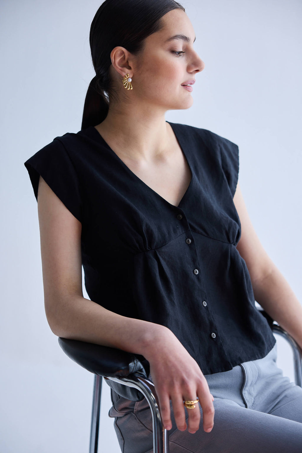 Deep V-neck short top in Black