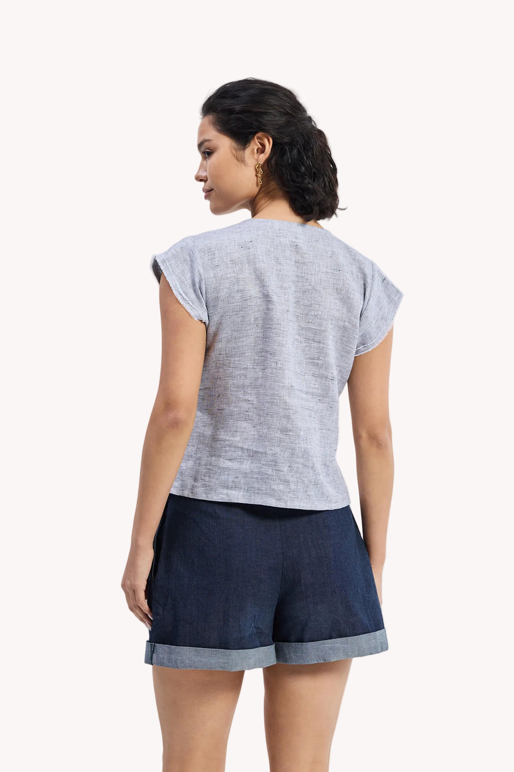 Deep V-neck short top in Linen Stripes