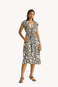 Deep V-neck Gathered Dress in Black Stripes