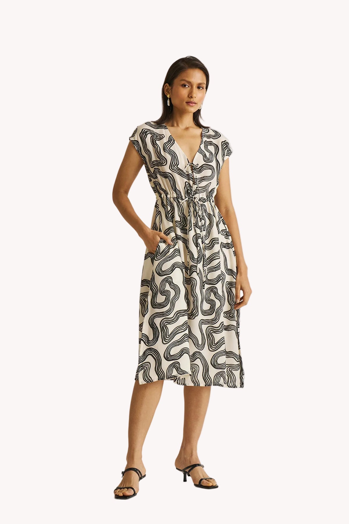 Deep V-neck Gathered Dress in Black Stripes