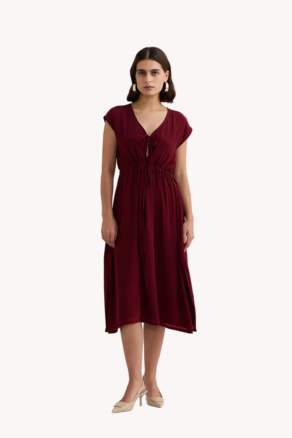 Deep V-neck Gathered Dress in Burgundy