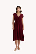 Deep V-neck Gathered Dress in Burgundy