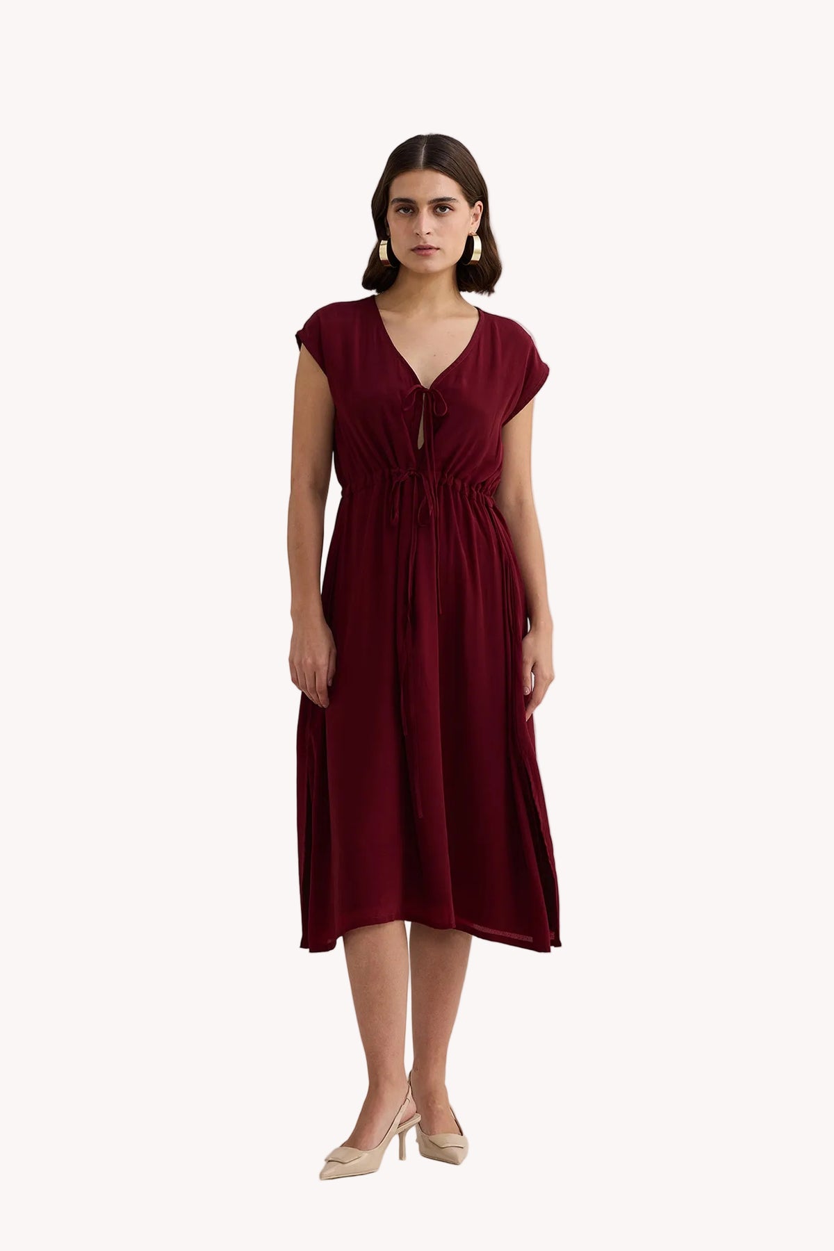 Deep V-neck Gathered Dress in Burgundy