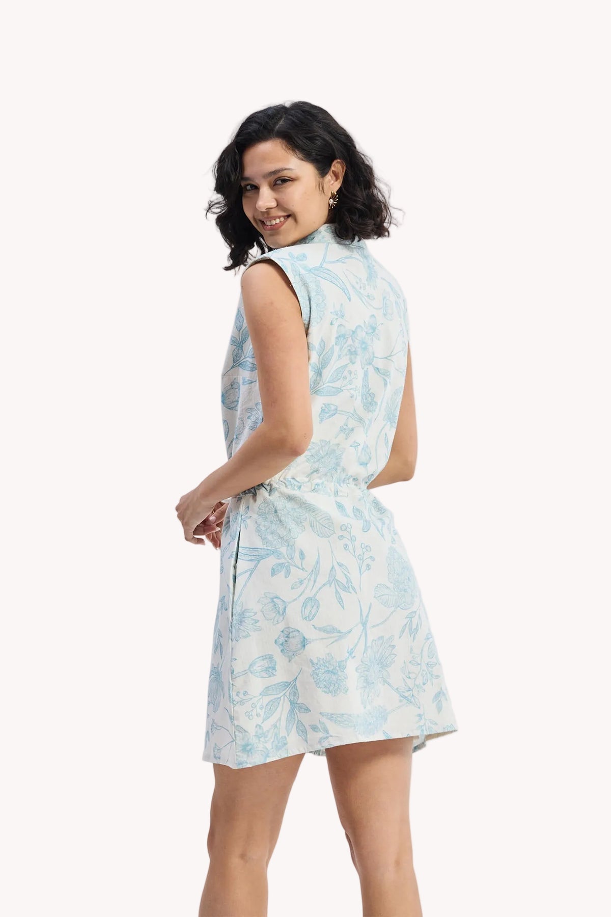 Drawstring Shirt Dress in Blue Florals