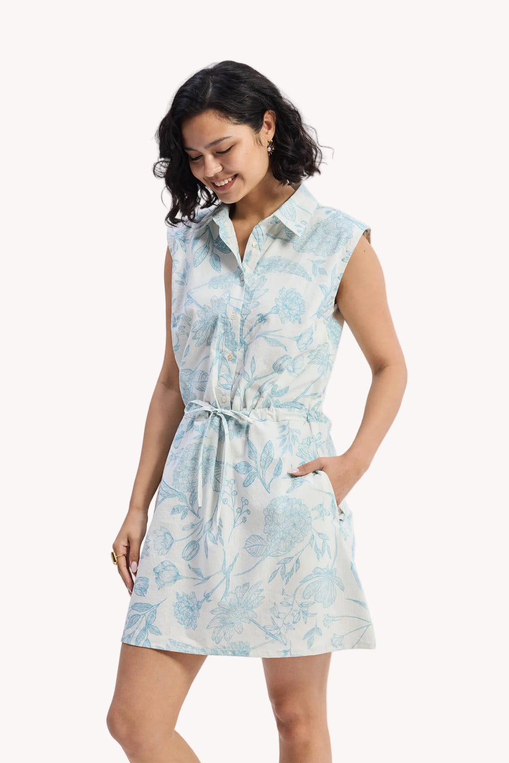 Drawstring Shirt Dress in Blue Florals