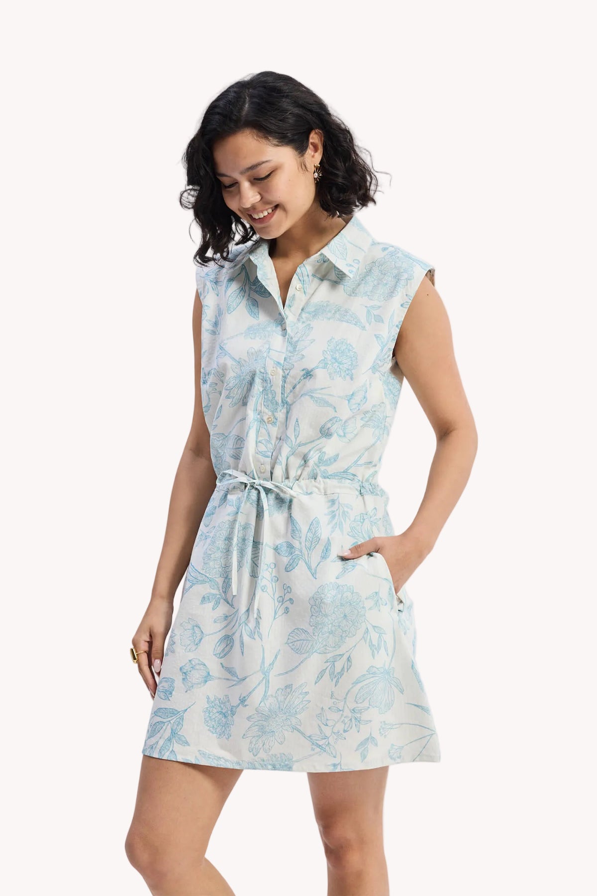 Drawstring Shirt Dress in Blue Florals