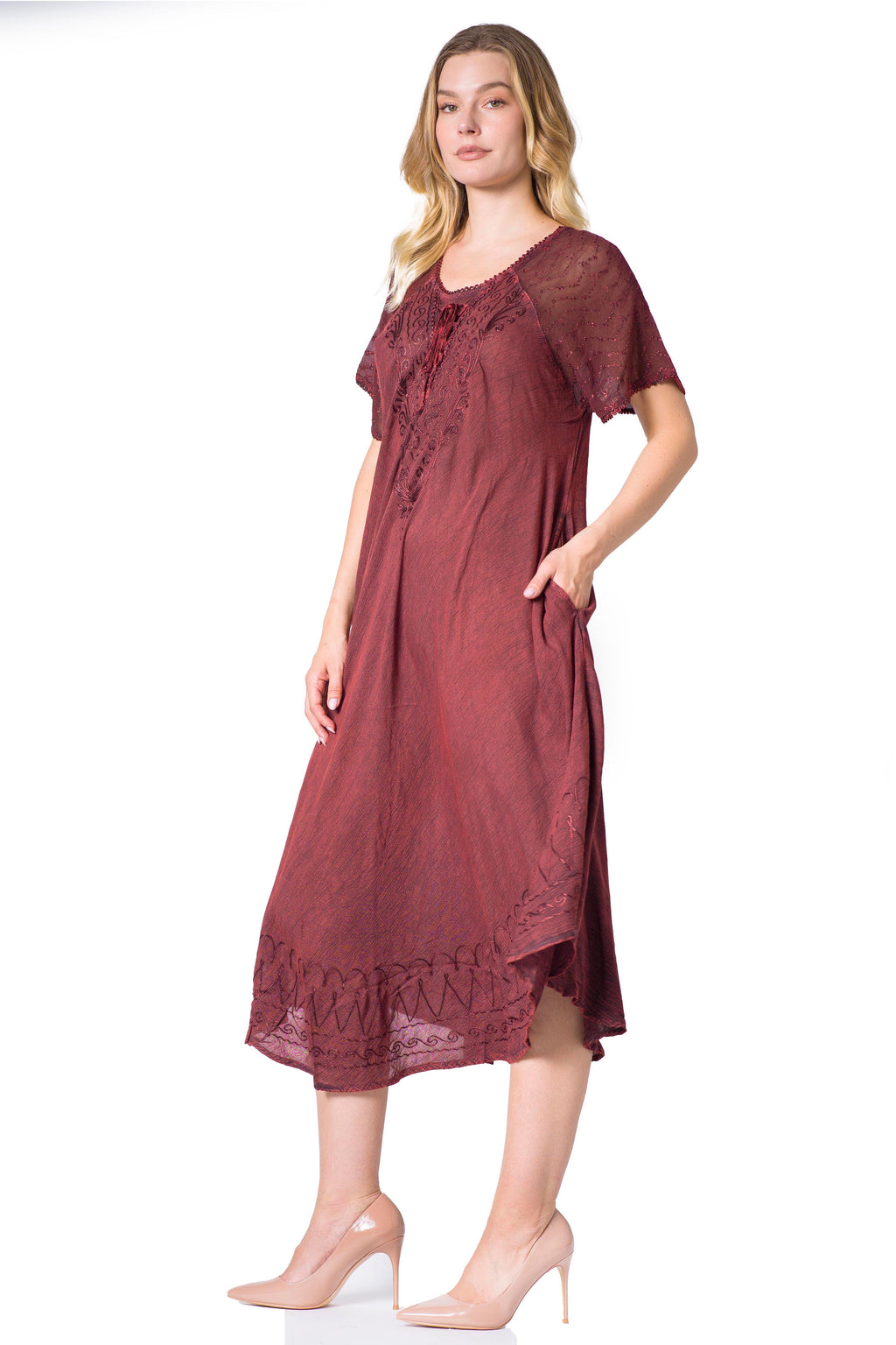 Sakkas Egan Women's Long Embroidered Caftan Dress / Cover Up With Embroidered Cap Sleeves
