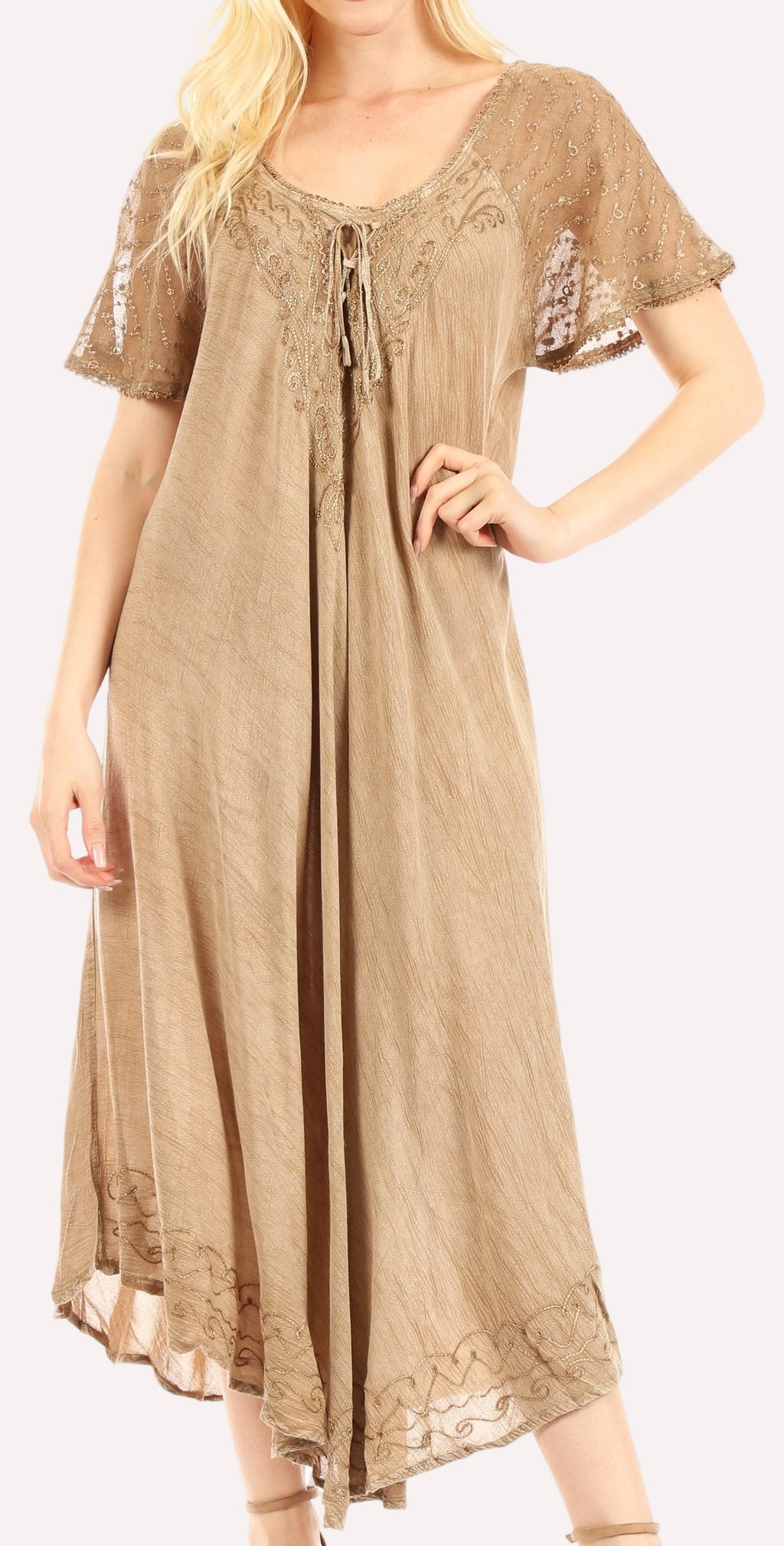 Sakkas Egan Women's Long Embroidered Caftan Dress / Cover Up With Embroidered Cap Sleeves