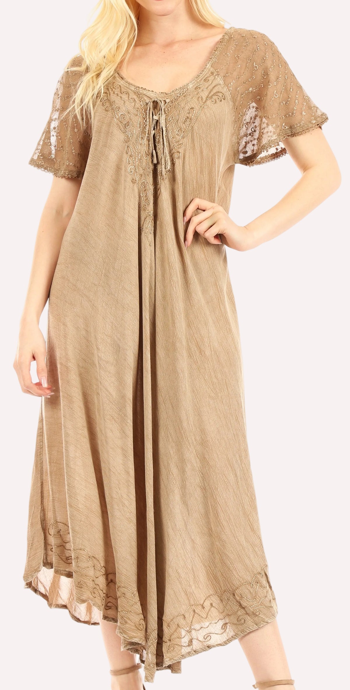 Sakkas Egan Women's Long Embroidered Caftan Dress / Cover Up With Embroidered Cap Sleeves