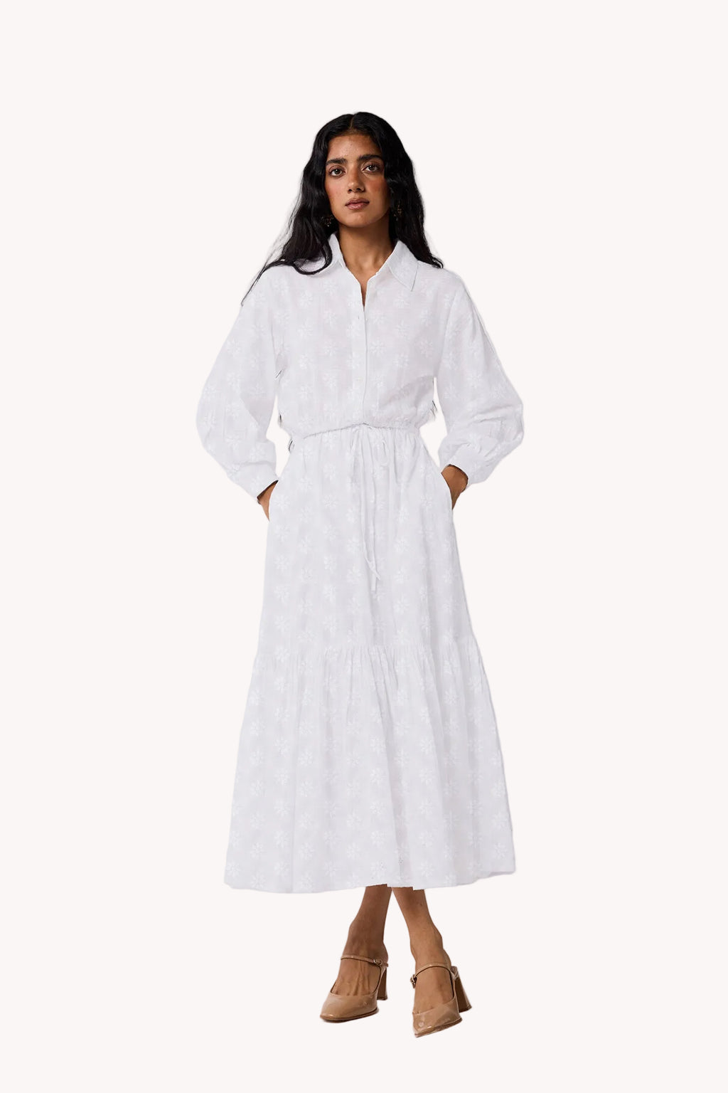 Embroidered Flowy Maxi Tiered Dress in White