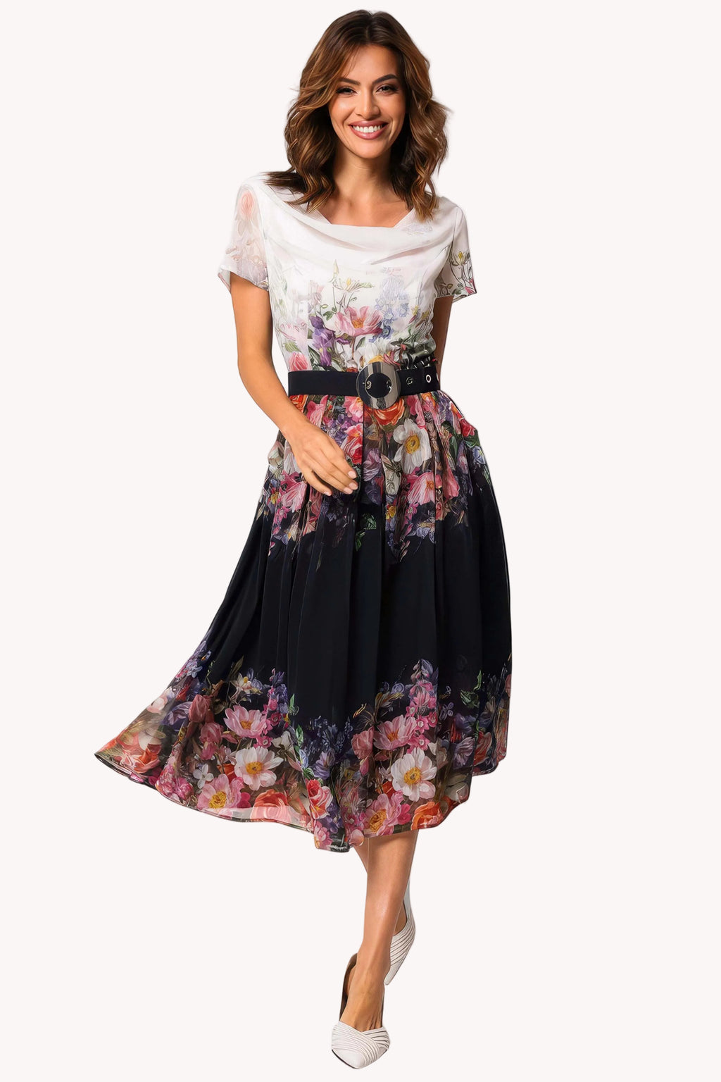 Navy Floral Elegant Midi Dress, Julia