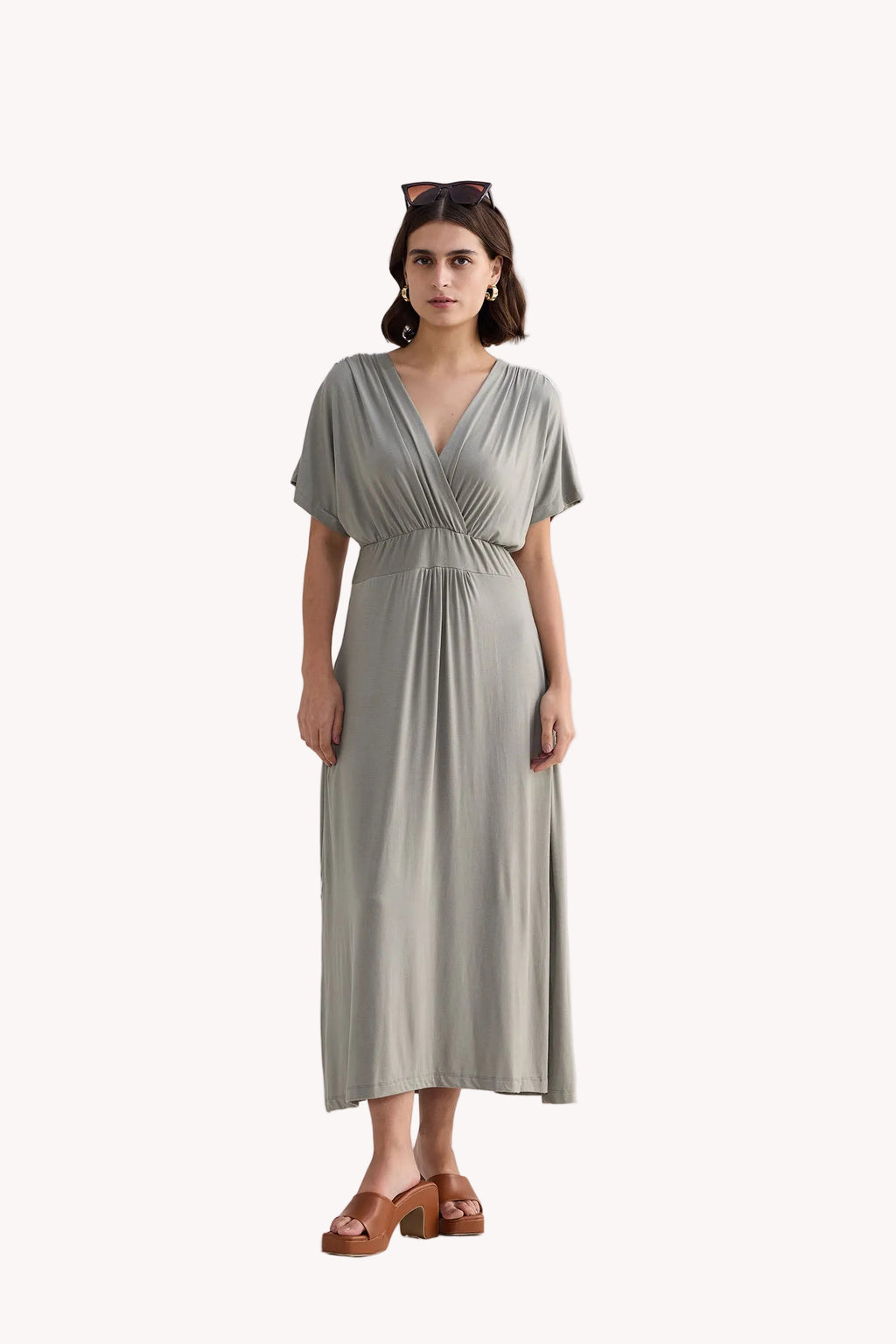 Flowy A-Line Maxi Dress with Side Slits in Light Olive