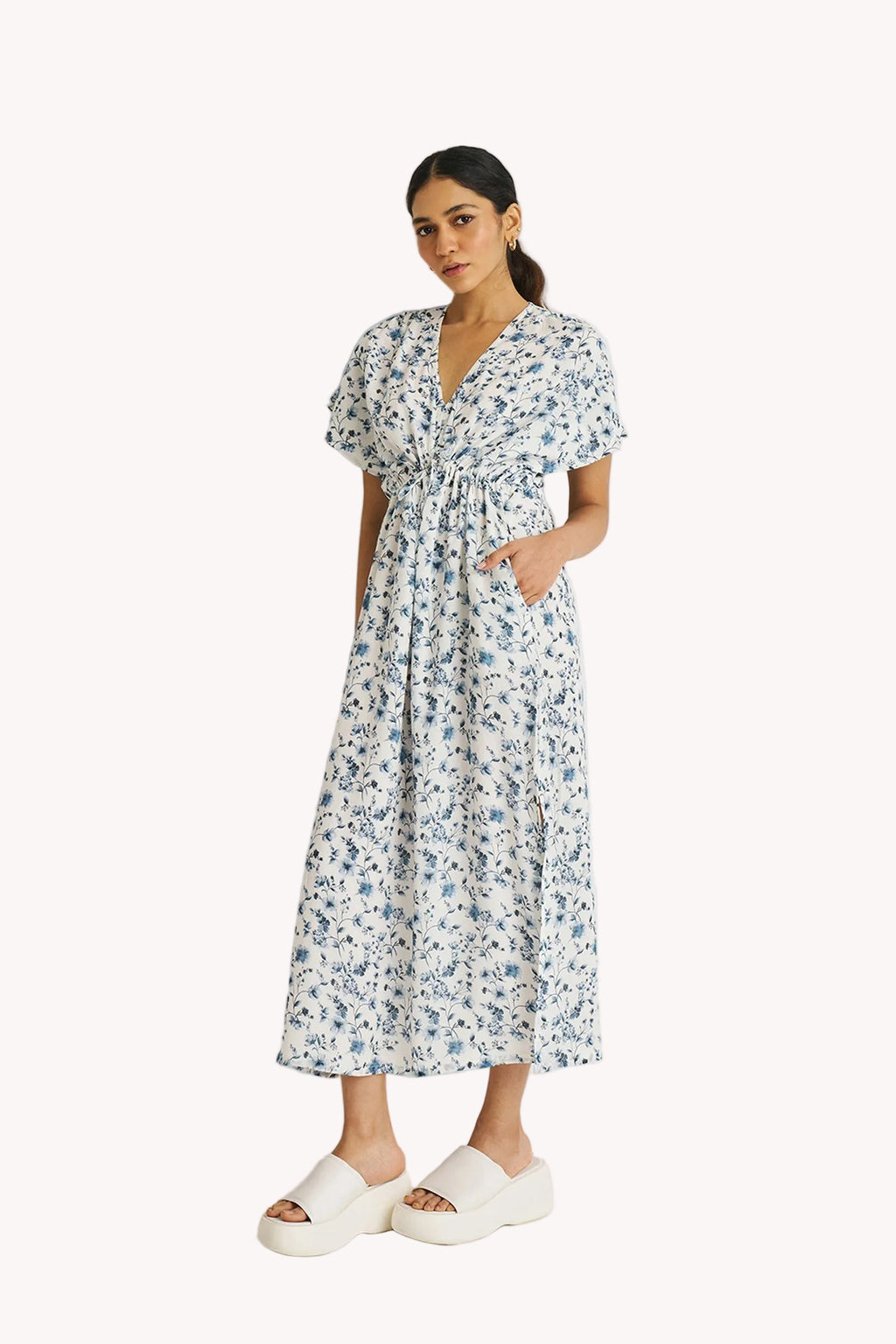 Gathered Maxi Dress in Blue Florals