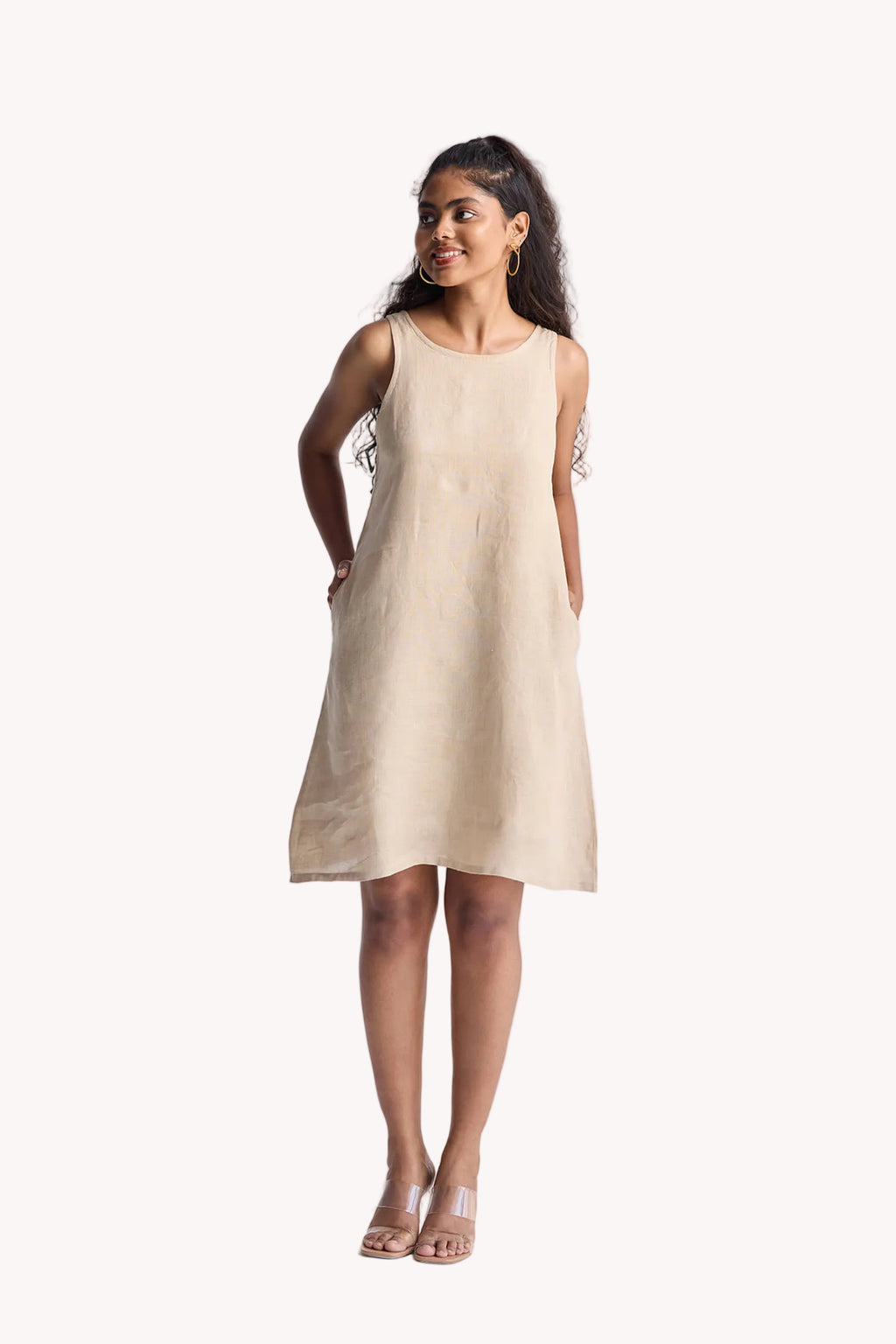 Hemp Short Dress with Back Embroidered Lace Detail