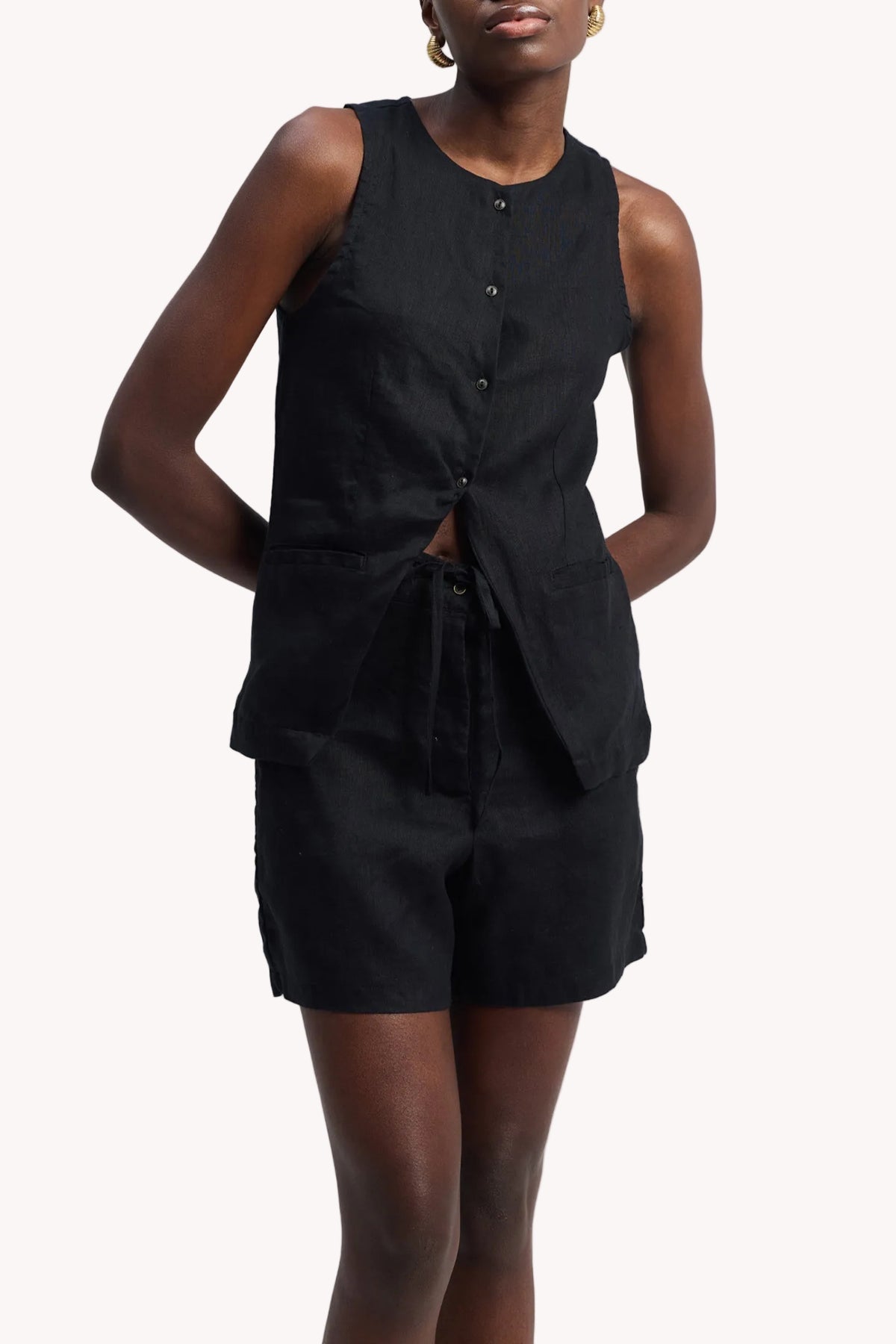 Hemp Vest Jacket Set in Black