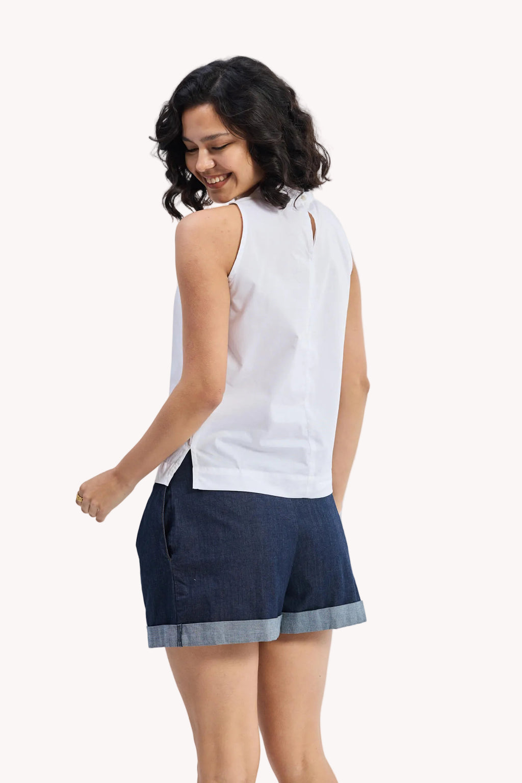 High-Neck Top with Gathers in White