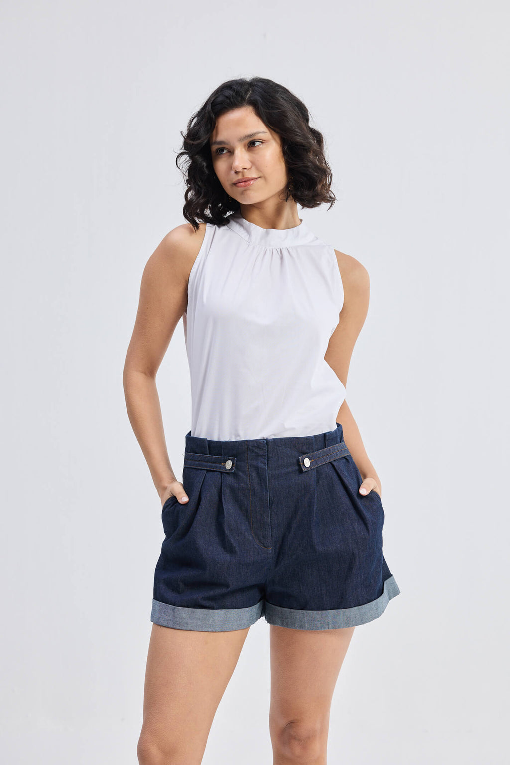 High-Neck Top with Gathers in White
