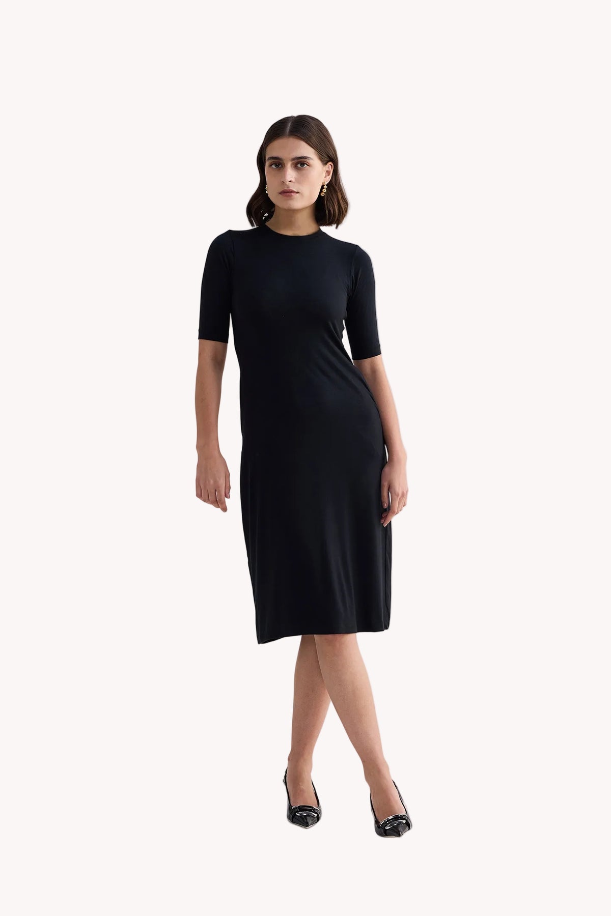 High Crew Neck Elbow Sleeves Fitted Dress in Black