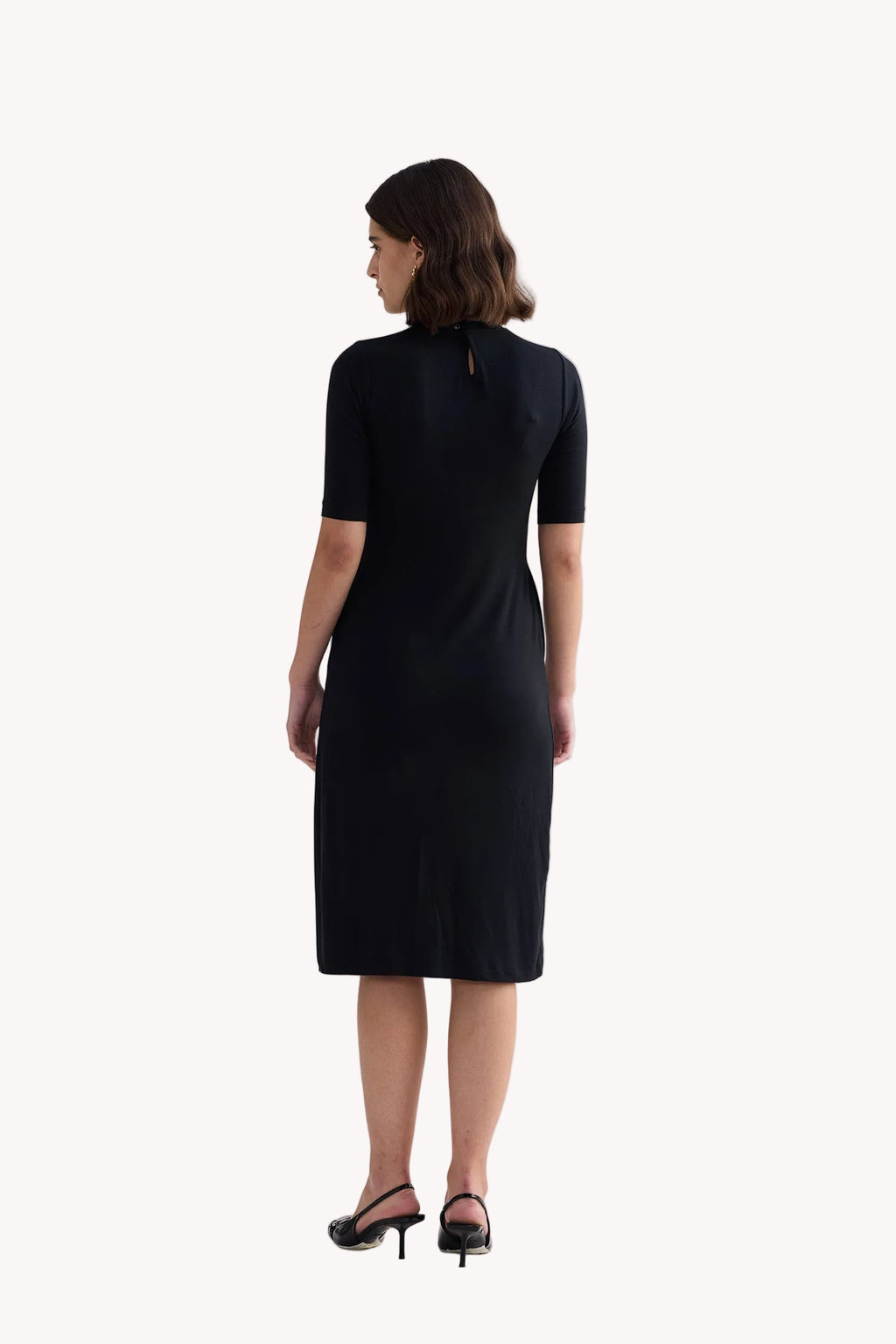 High Crew Neck Elbow Sleeves Fitted Dress in Black