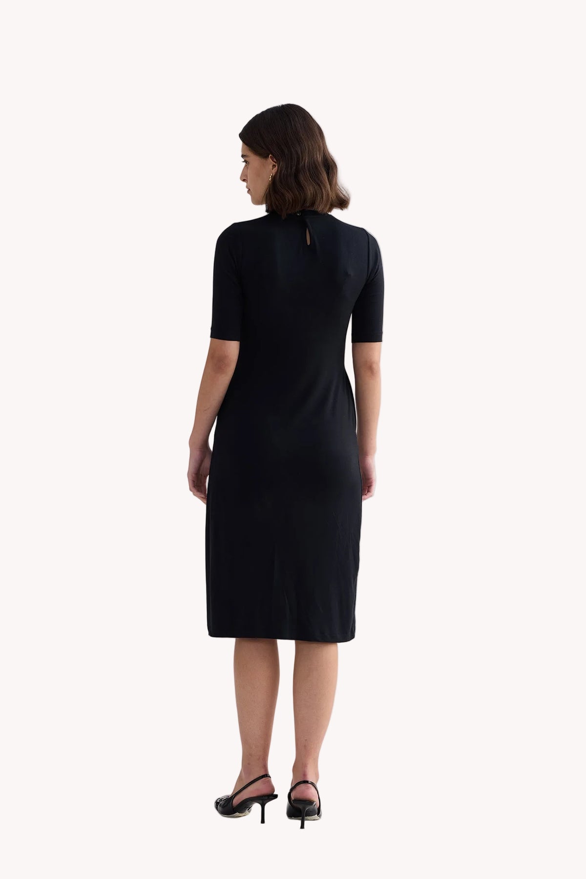 High Crew Neck Elbow Sleeves Fitted Dress in Black