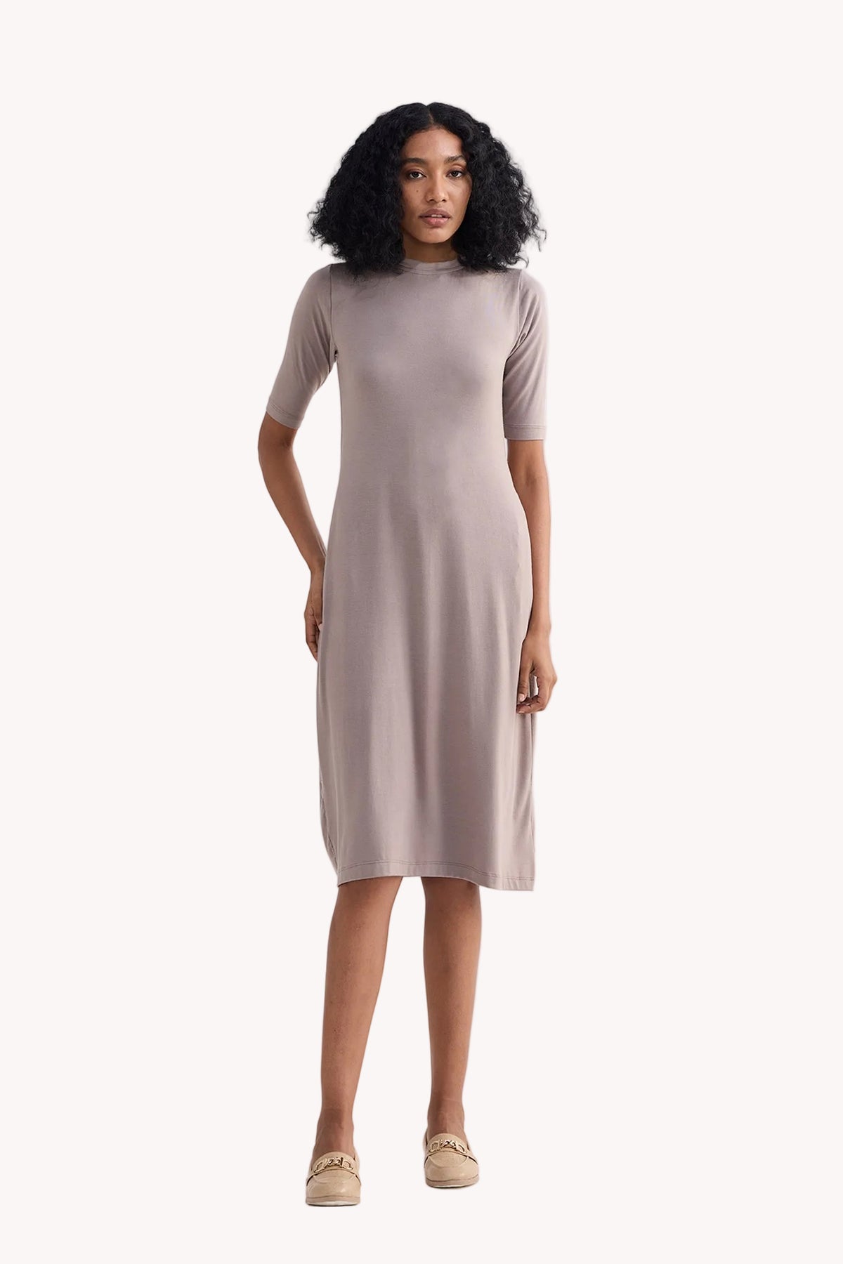 High Crew Neck Elbow Sleeves Fitted Dress in Earth Grey