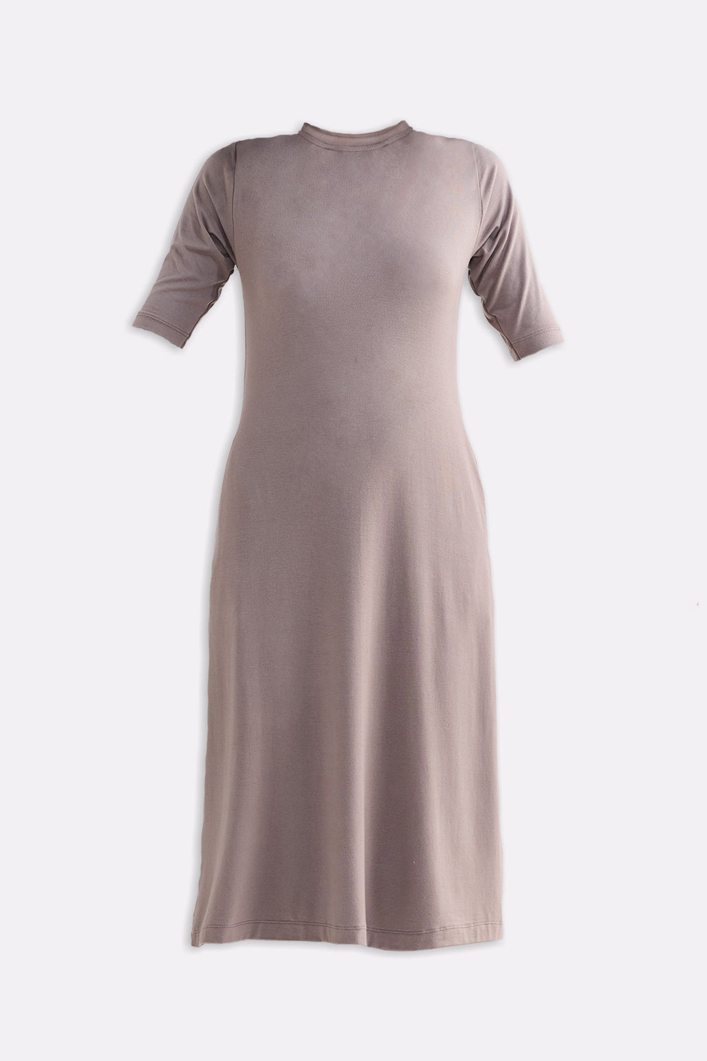 High Crew Neck Elbow Sleeves Fitted Dress in Earth Grey