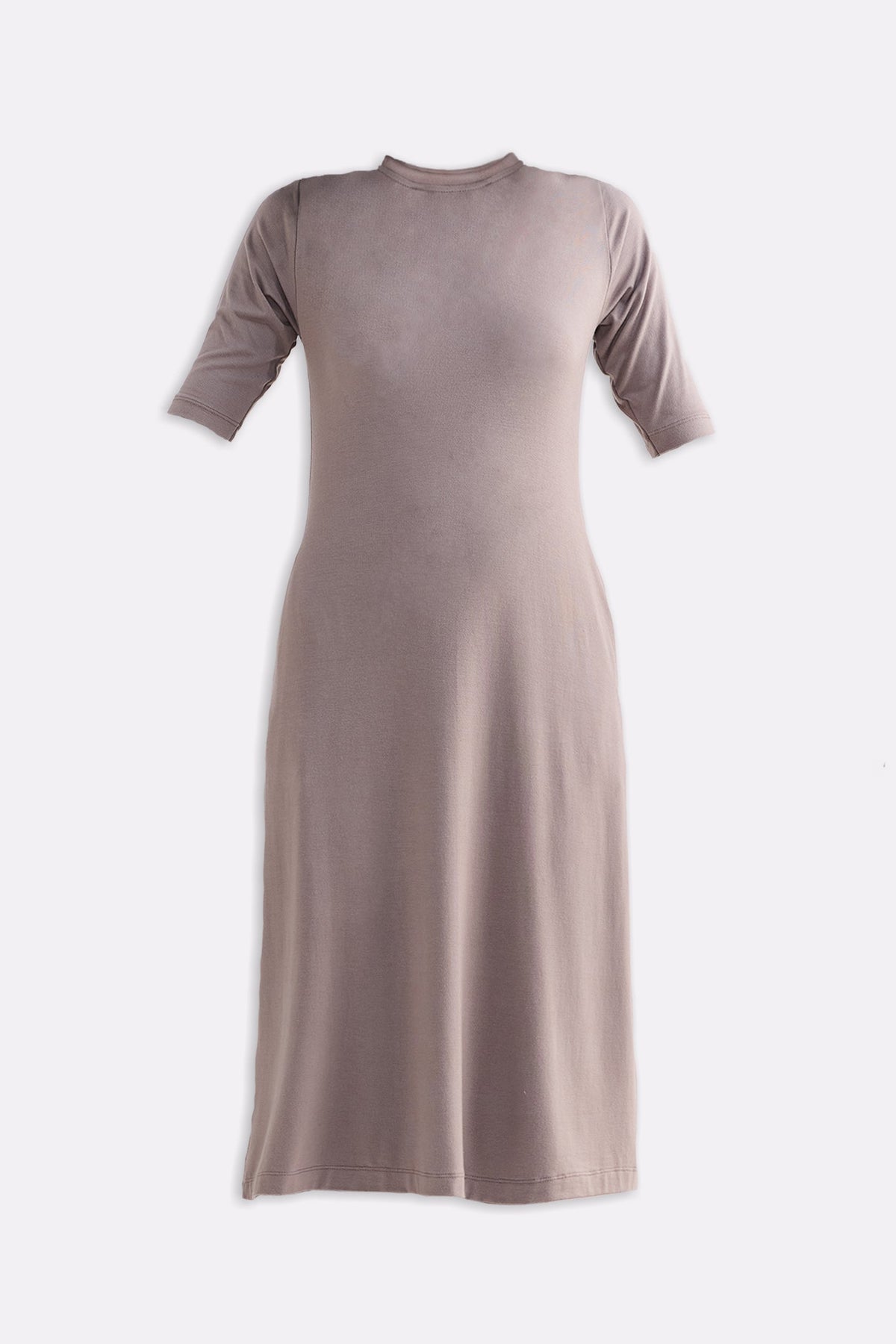 High Crew Neck Elbow Sleeves Fitted Dress in Earth Grey