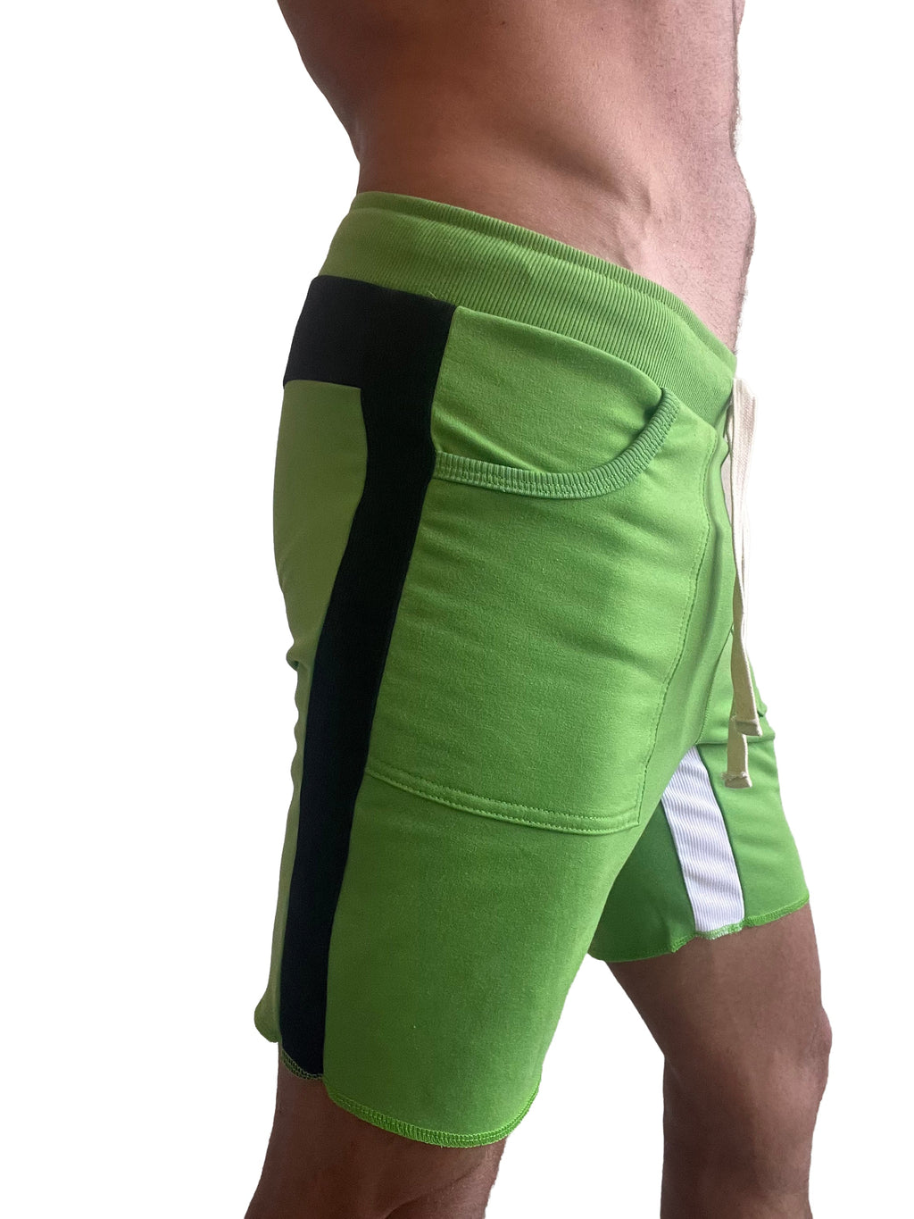 Tri-color Ultra-flex Yoga Track Short (Green w/Black & White)