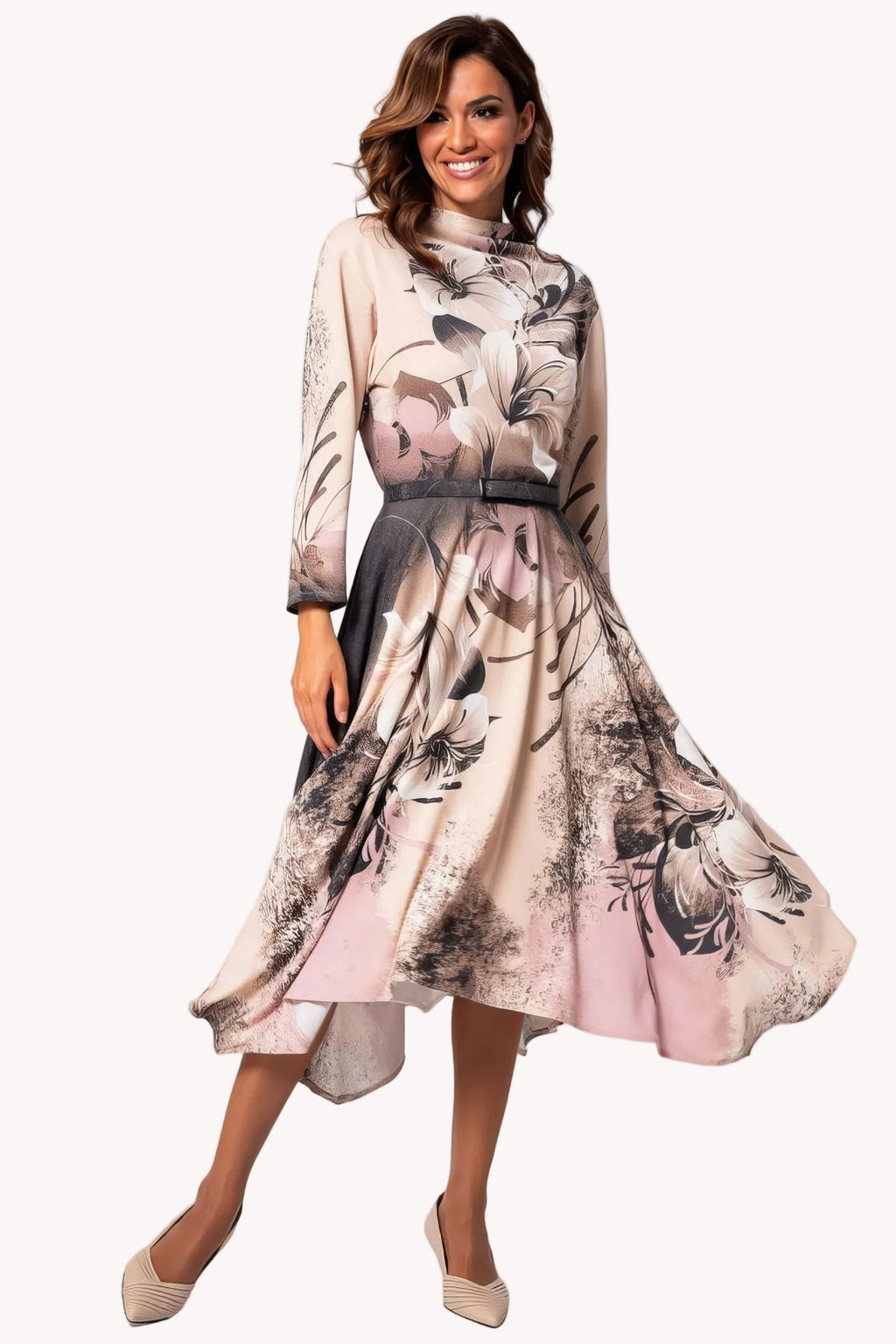 Pink Floral A-Line Midi Dress, Iris