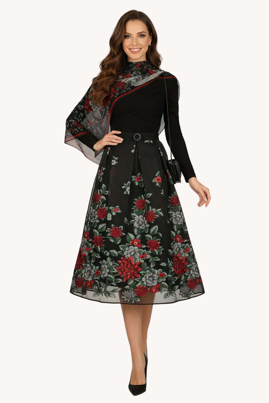 Black Embroidered Midi Skirt, Regina